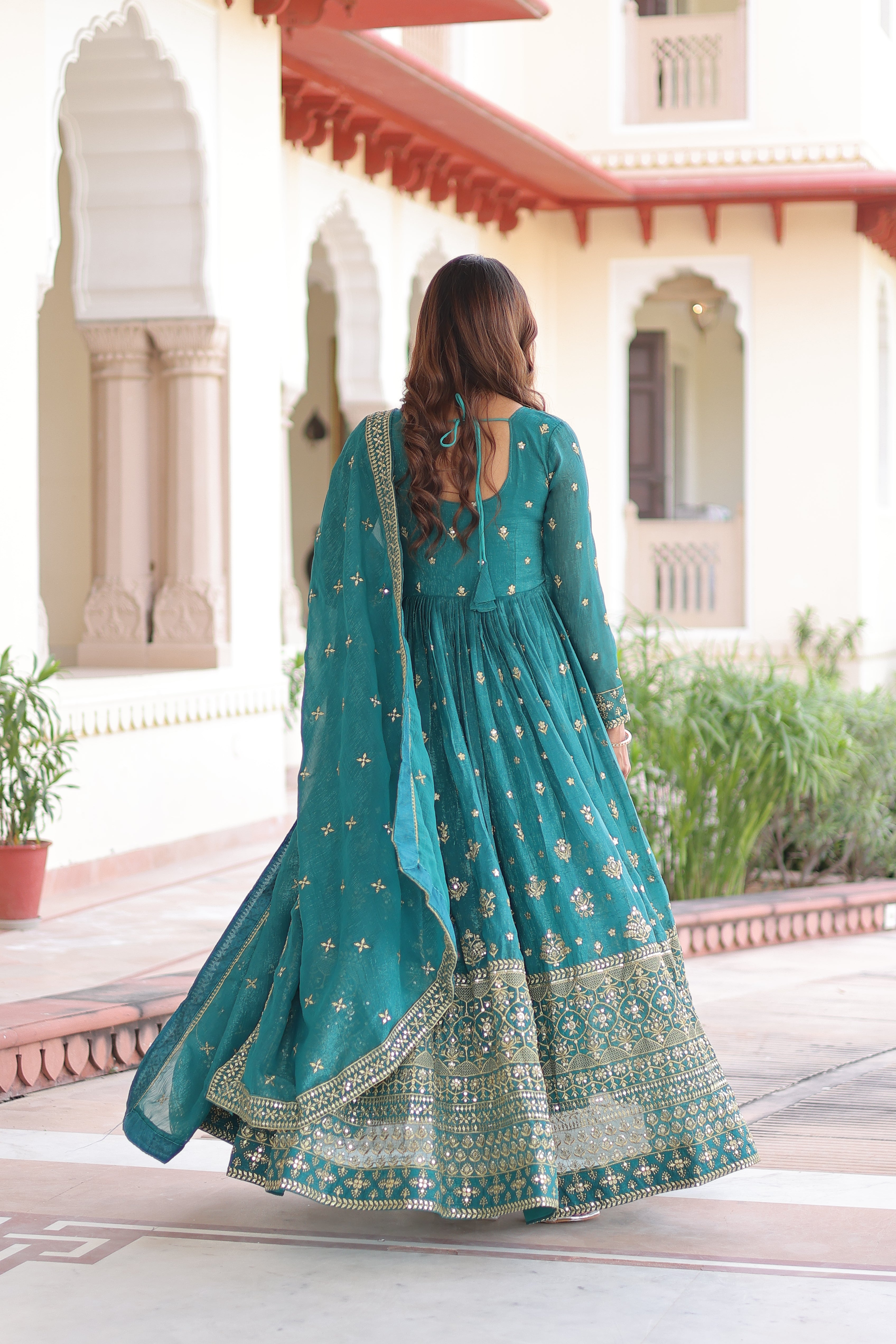 Nasu Teal Color Silver Crunchy Rich Sequins Embroidered Work Gown with Dupatta