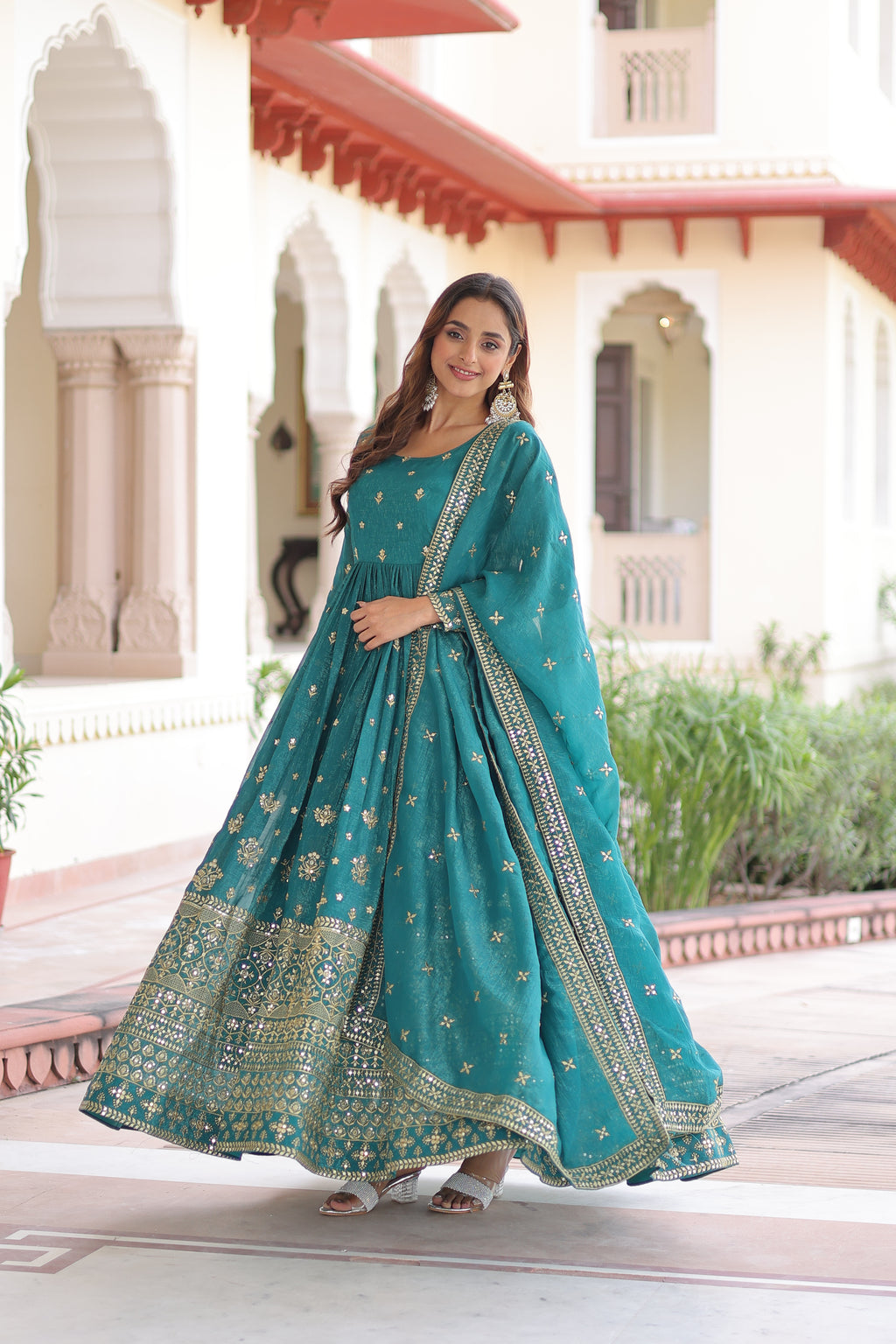 Nasu Teal Color Silver Crunchy Rich Sequins Embroidered Work Gown with Dupatta