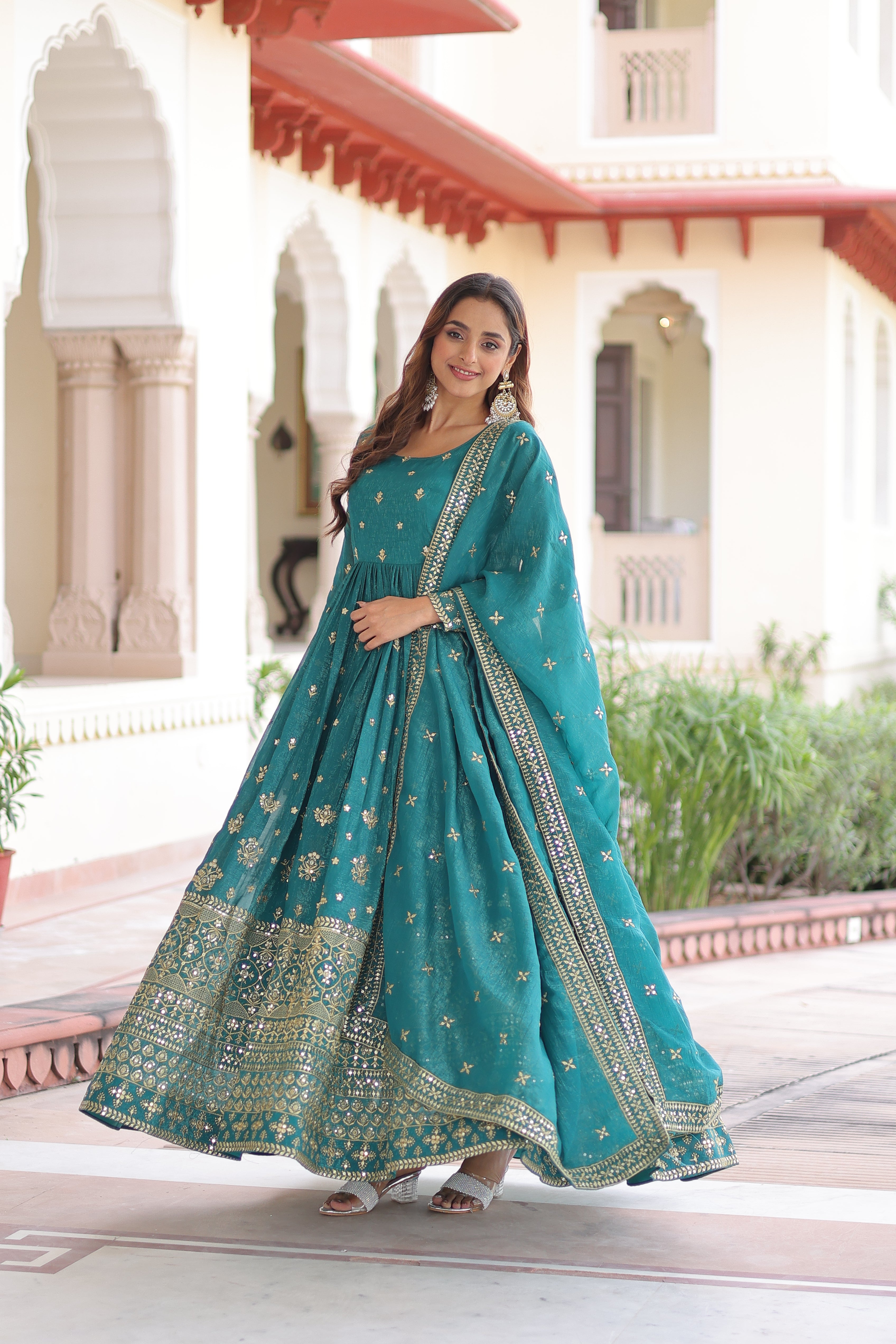 Nasu Teal Color Silver Crunchy Rich Sequins Embroidered Work Gown with Dupatta