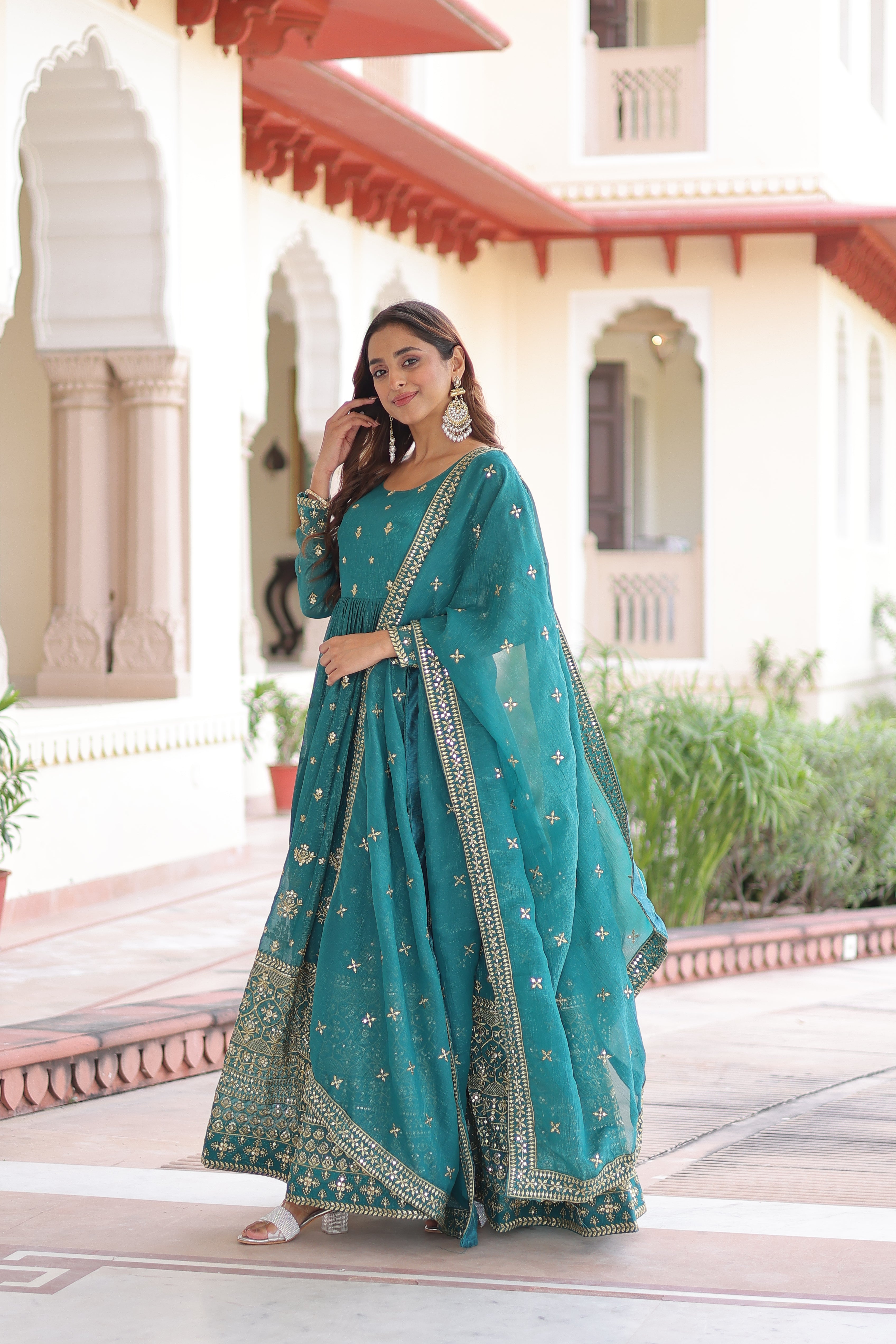 Nasu Teal Color Silver Crunchy Rich Sequins Embroidered Work Gown with Dupatta