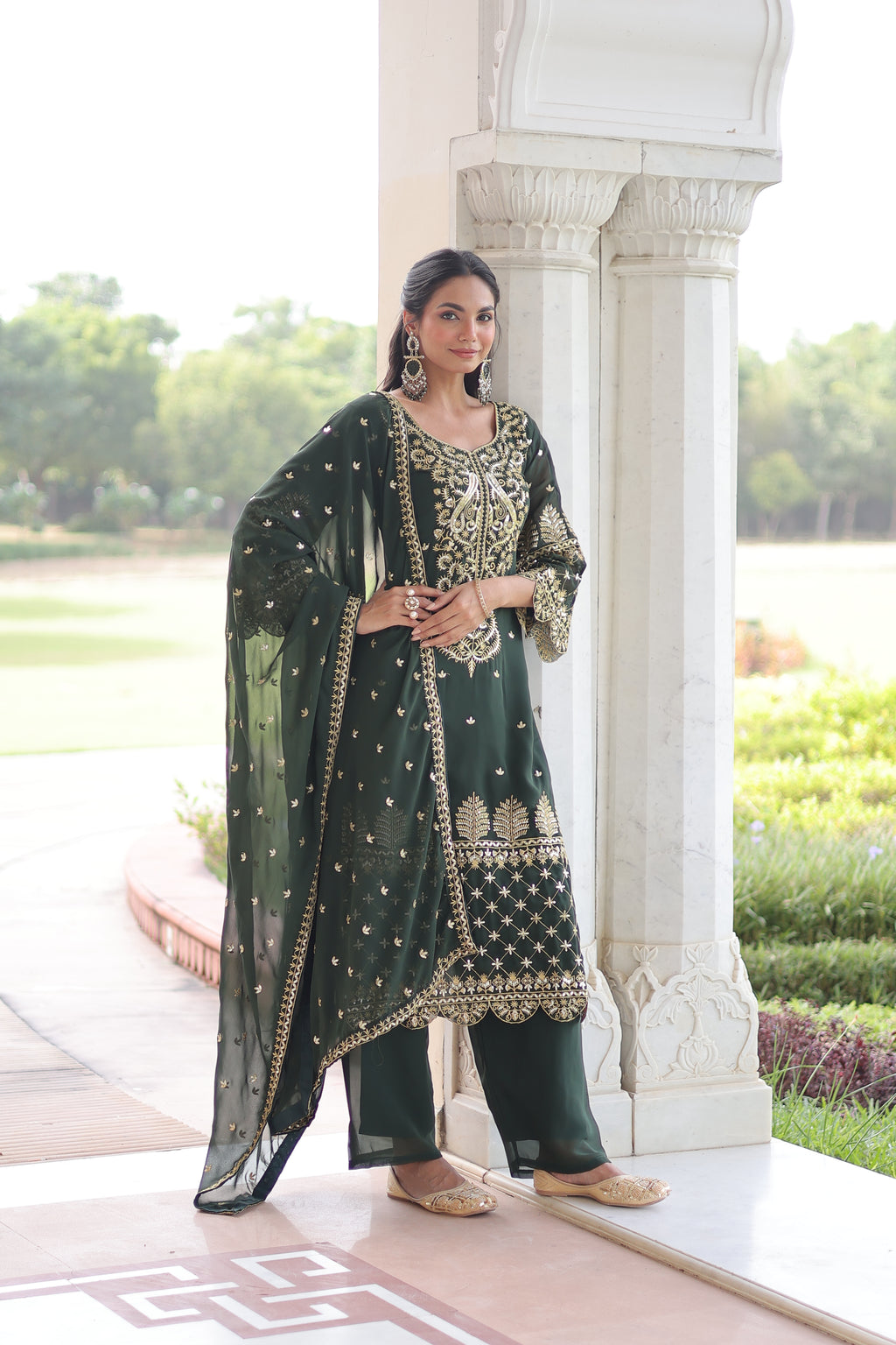 Irya Green Color Faux Blooming Embroidered Work Kurti Set with Dupatta