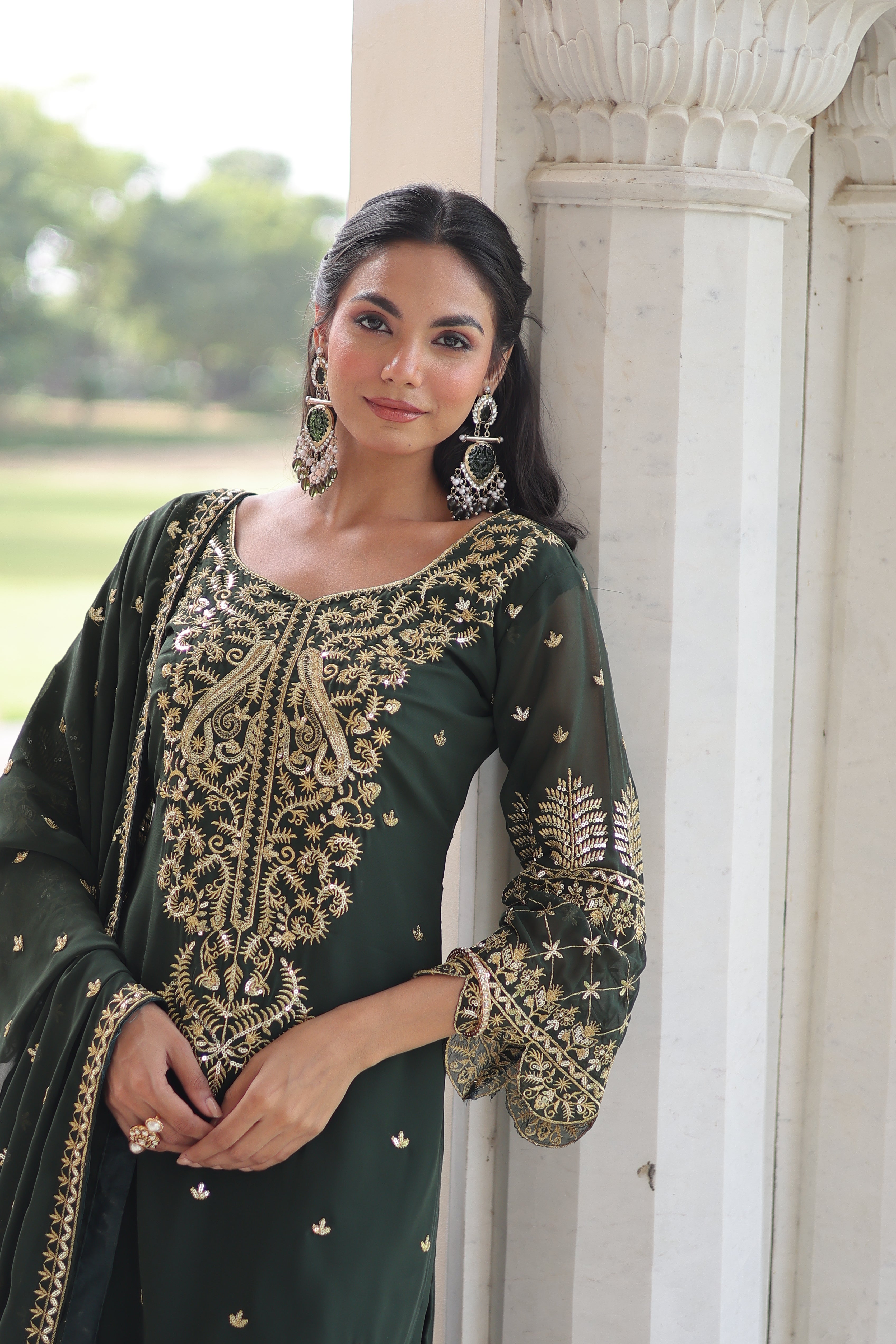 Irya Green Color Faux Blooming Embroidered Work Kurti Set with Dupatta