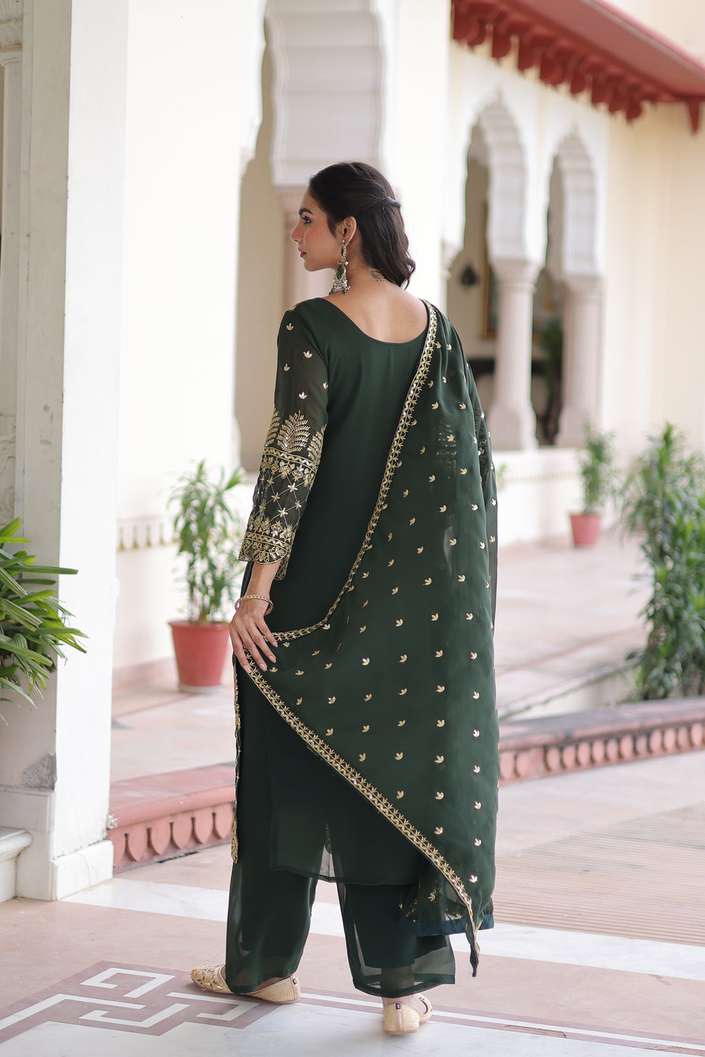 Irya Green Color Faux Blooming Embroidered Work Kurti Set with Dupatta