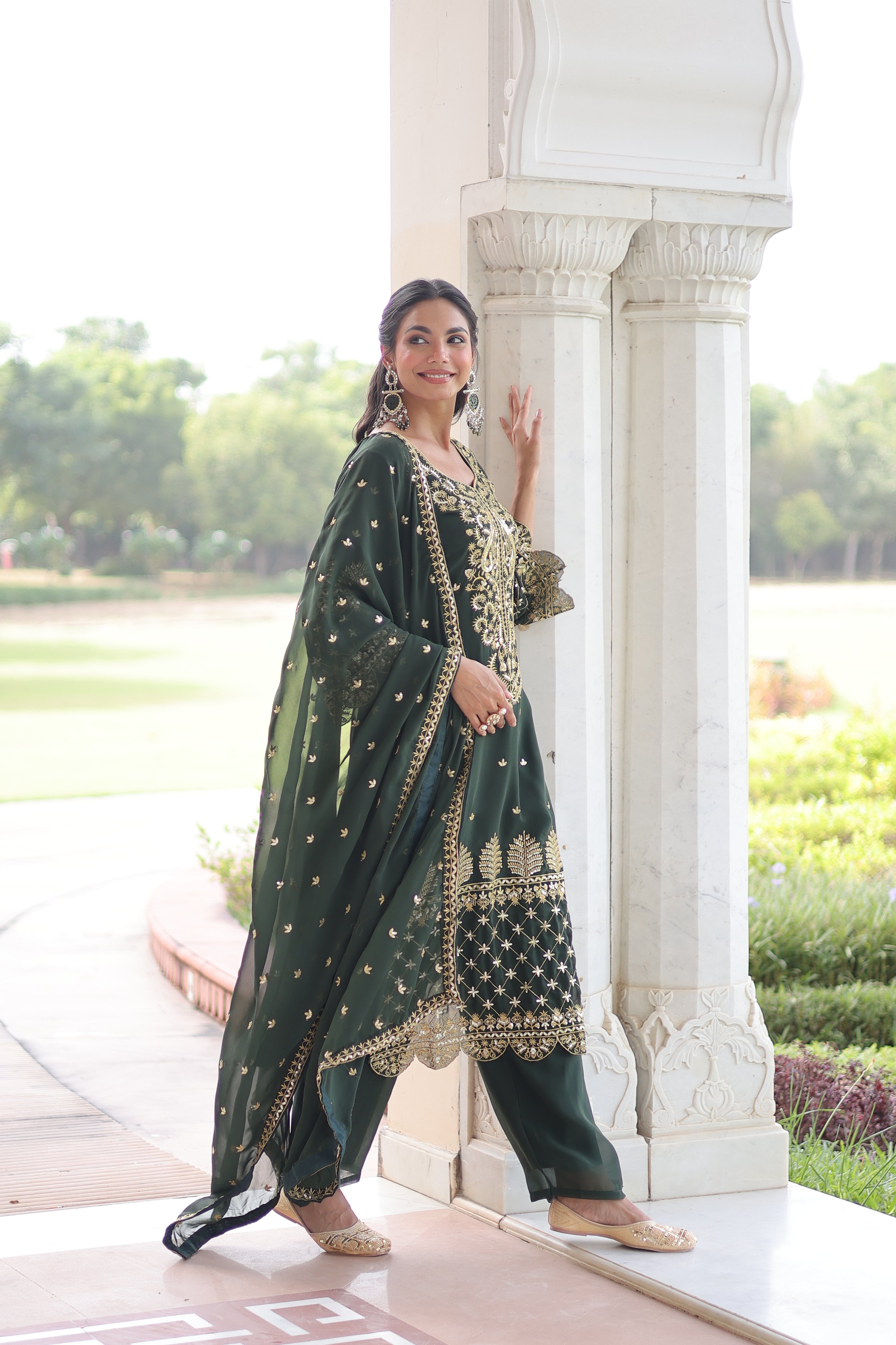 Irya Green Color Faux Blooming Embroidered Work Kurti Set with Dupatta