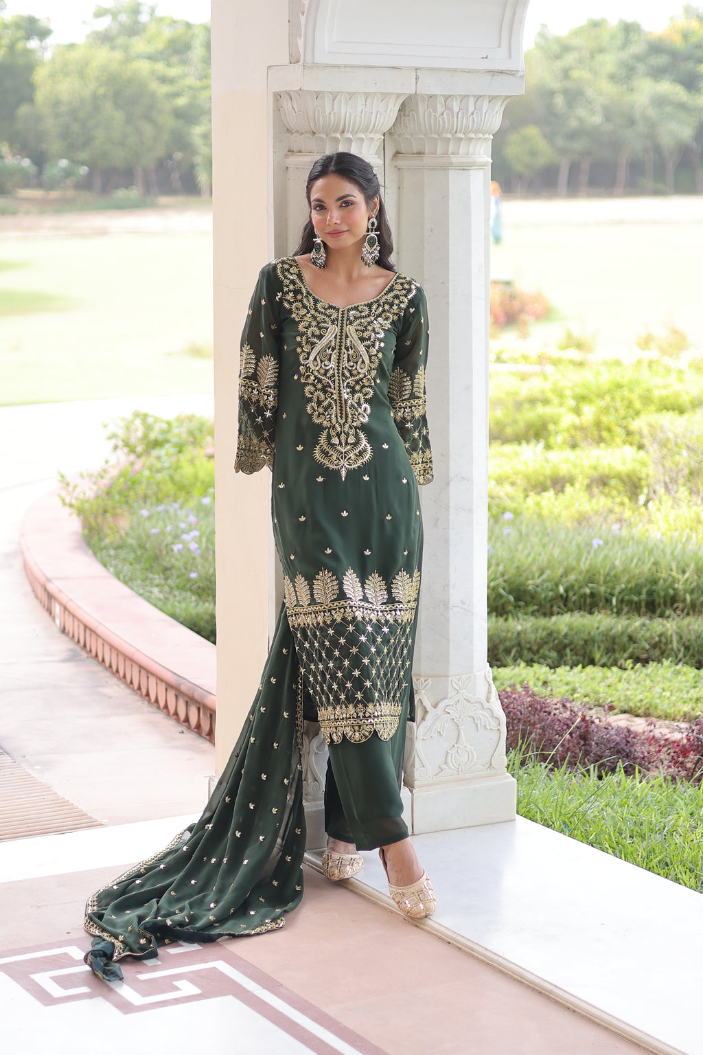 Irya Green Color Faux Blooming Embroidered Work Kurti Set with Dupatta