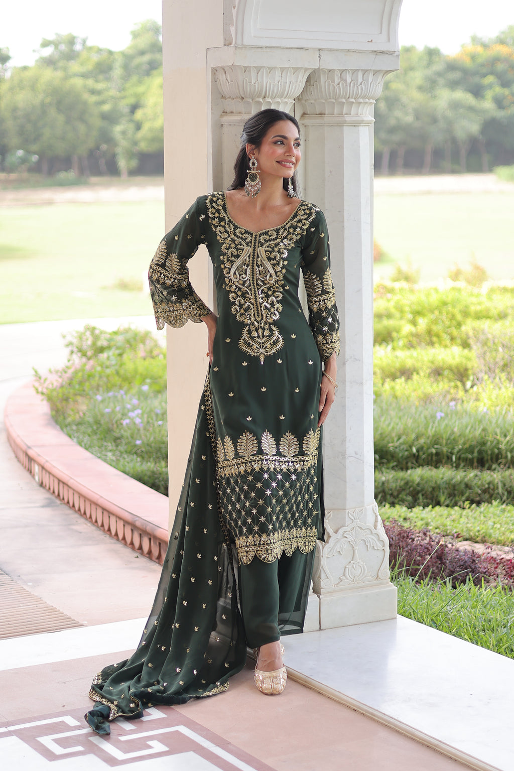 Irya Green Color Faux Blooming Embroidered Work Kurti Set with Dupatta
