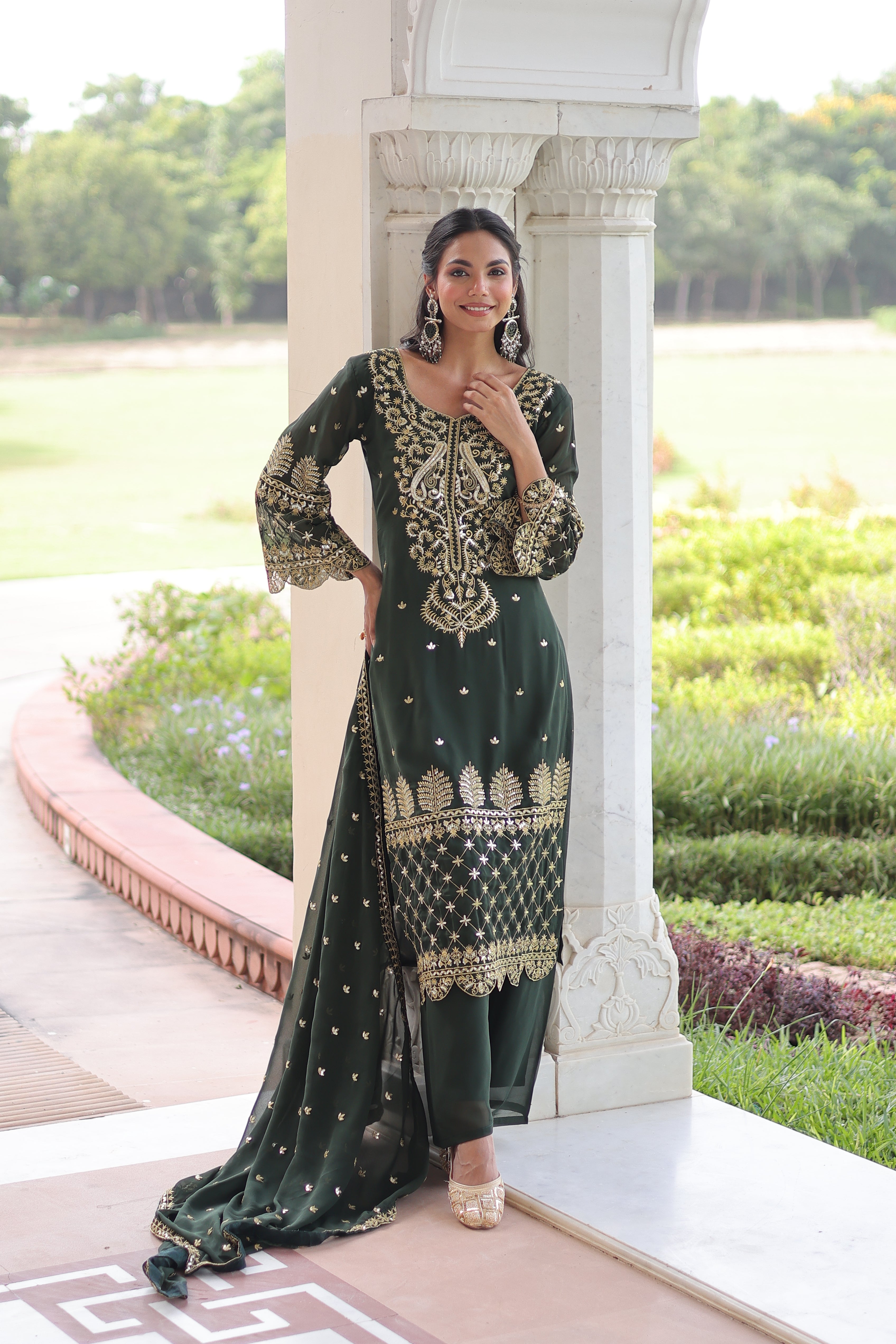 Irya Green Color Faux Blooming Embroidered Work Kurti Set with Dupatta