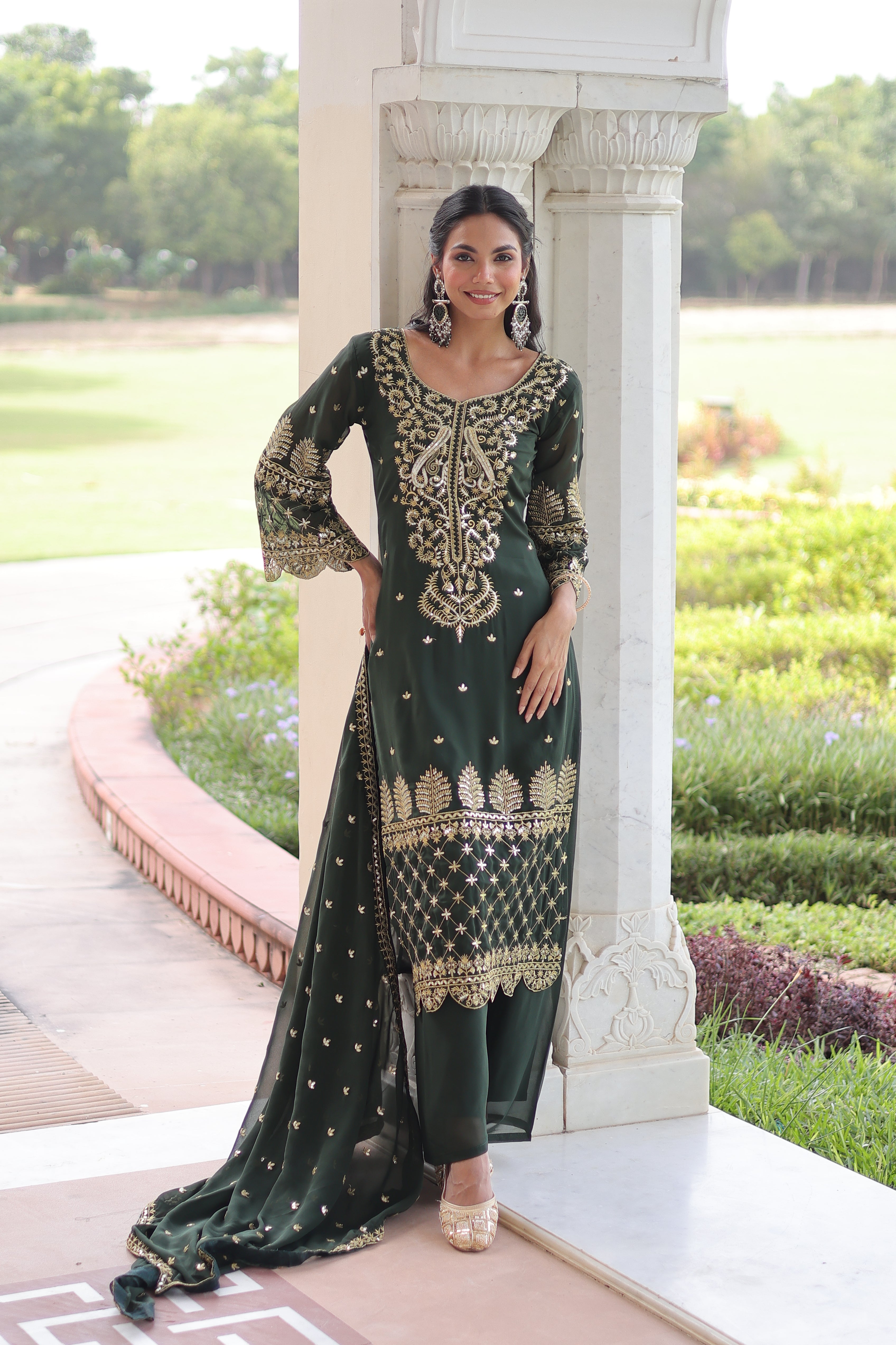 Irya Green Color Faux Blooming Embroidered Work Kurti Set with Dupatta