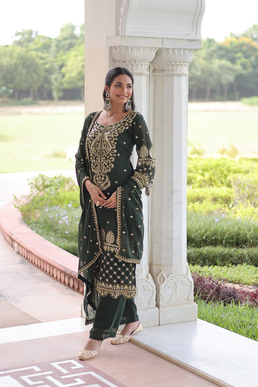 Irya Green Color Faux Blooming Embroidered Work Kurti Set with Dupatta