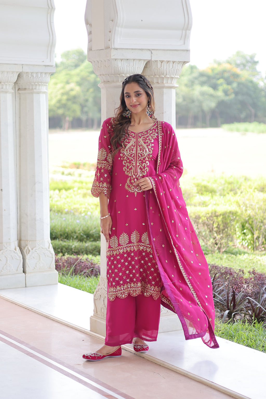 Irya Pink Color Faux Blooming Embroidered Work Kurti Set with Dupatta