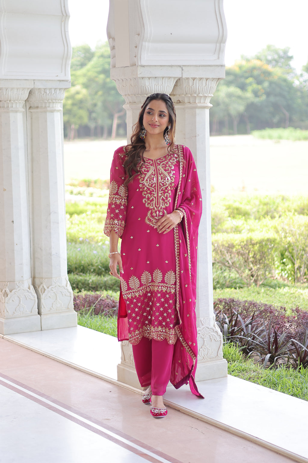 Irya Pink Color Faux Blooming Embroidered Work Kurti Set with Dupatta