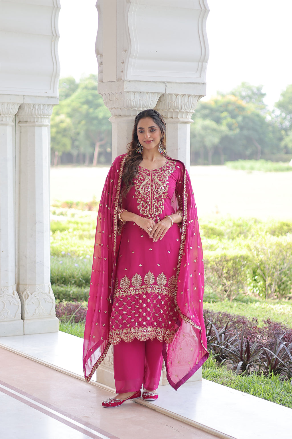Irya Pink Color Faux Blooming Embroidered Work Kurti Set with Dupatta