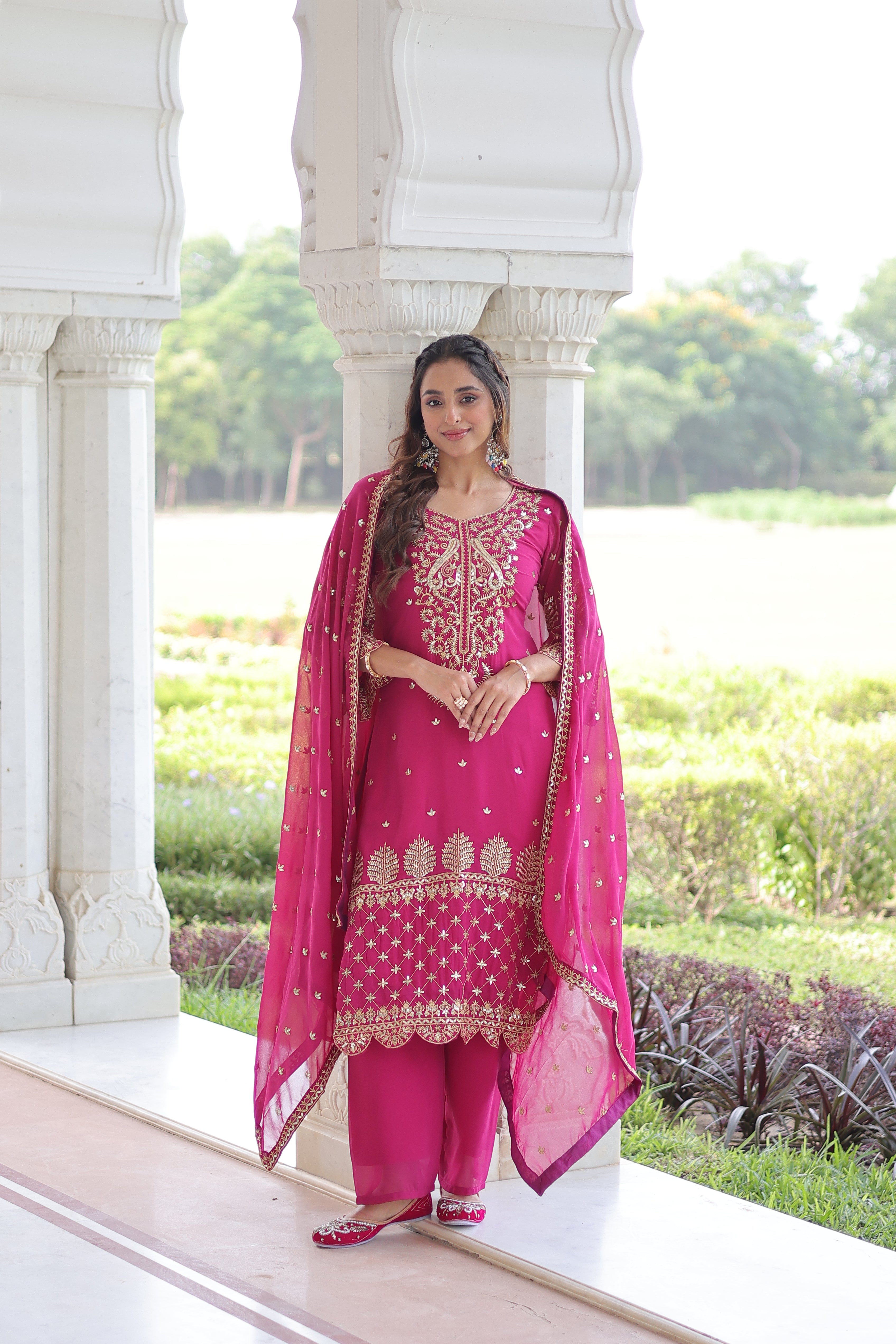 Irya Pink Color Faux Blooming Embroidered Work Kurti Set with Dupatta
