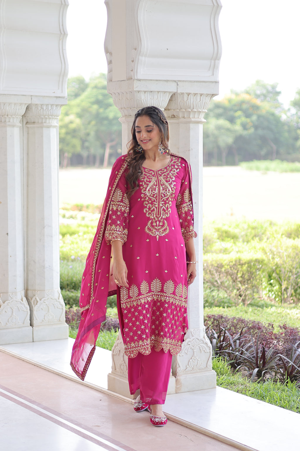Irya Pink Color Faux Blooming Embroidered Work Kurti Set with Dupatta