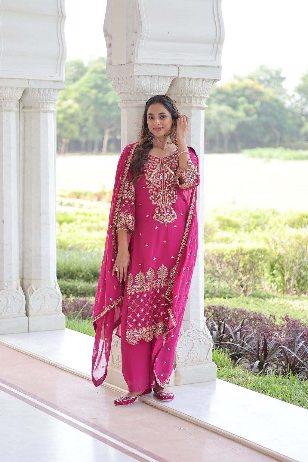 Irya Pink Color Faux Blooming Embroidered Work Kurti Set with Dupatta