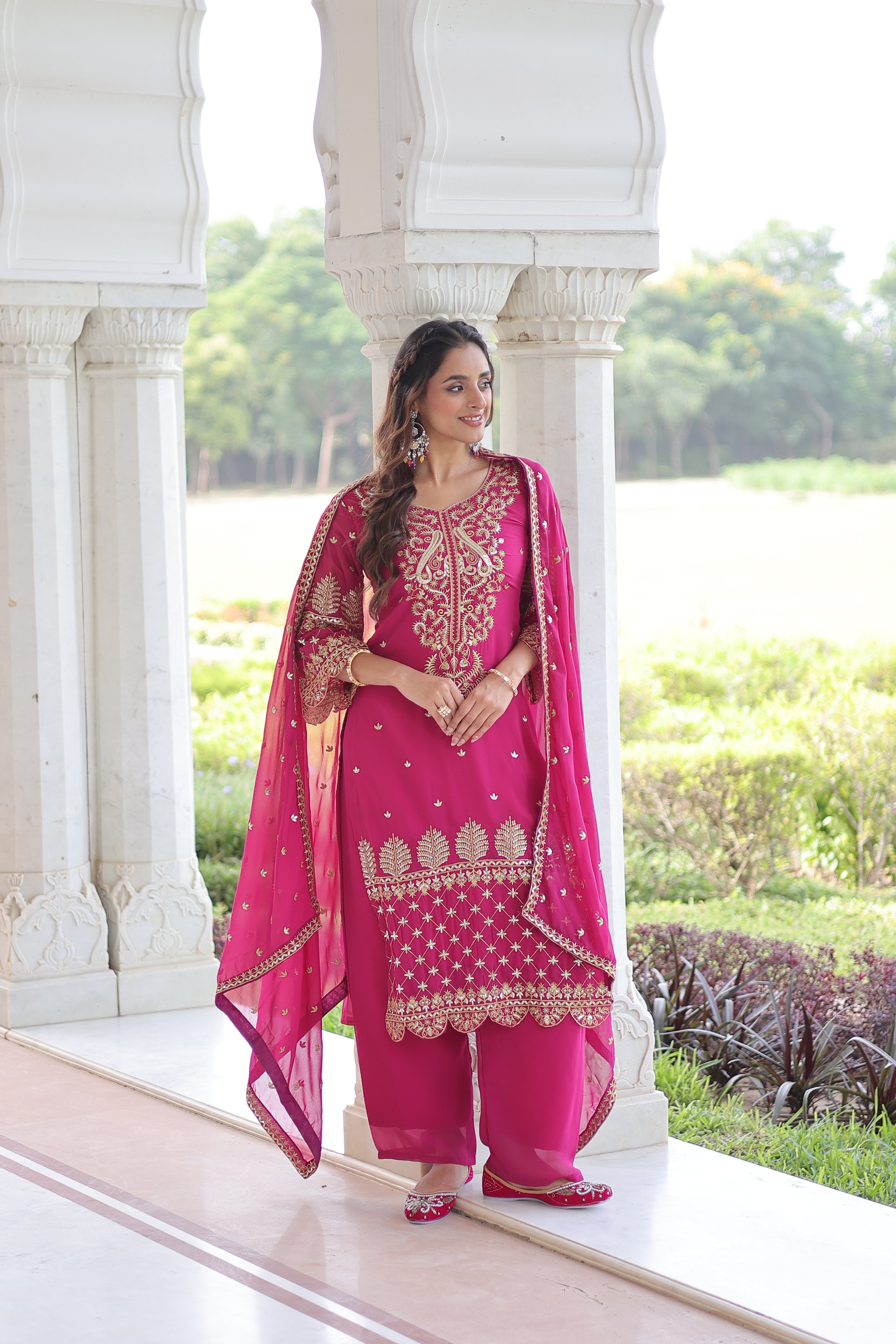 Irya Pink Color Faux Blooming Embroidered Work Kurti Set with Dupatta