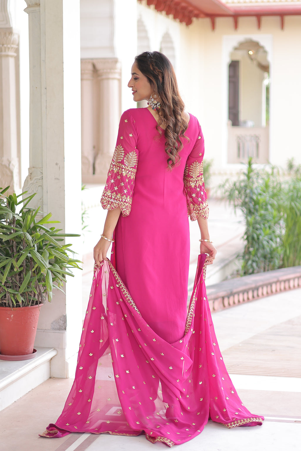 Irya Pink Color Faux Blooming Embroidered Work Kurti Set with Dupatta