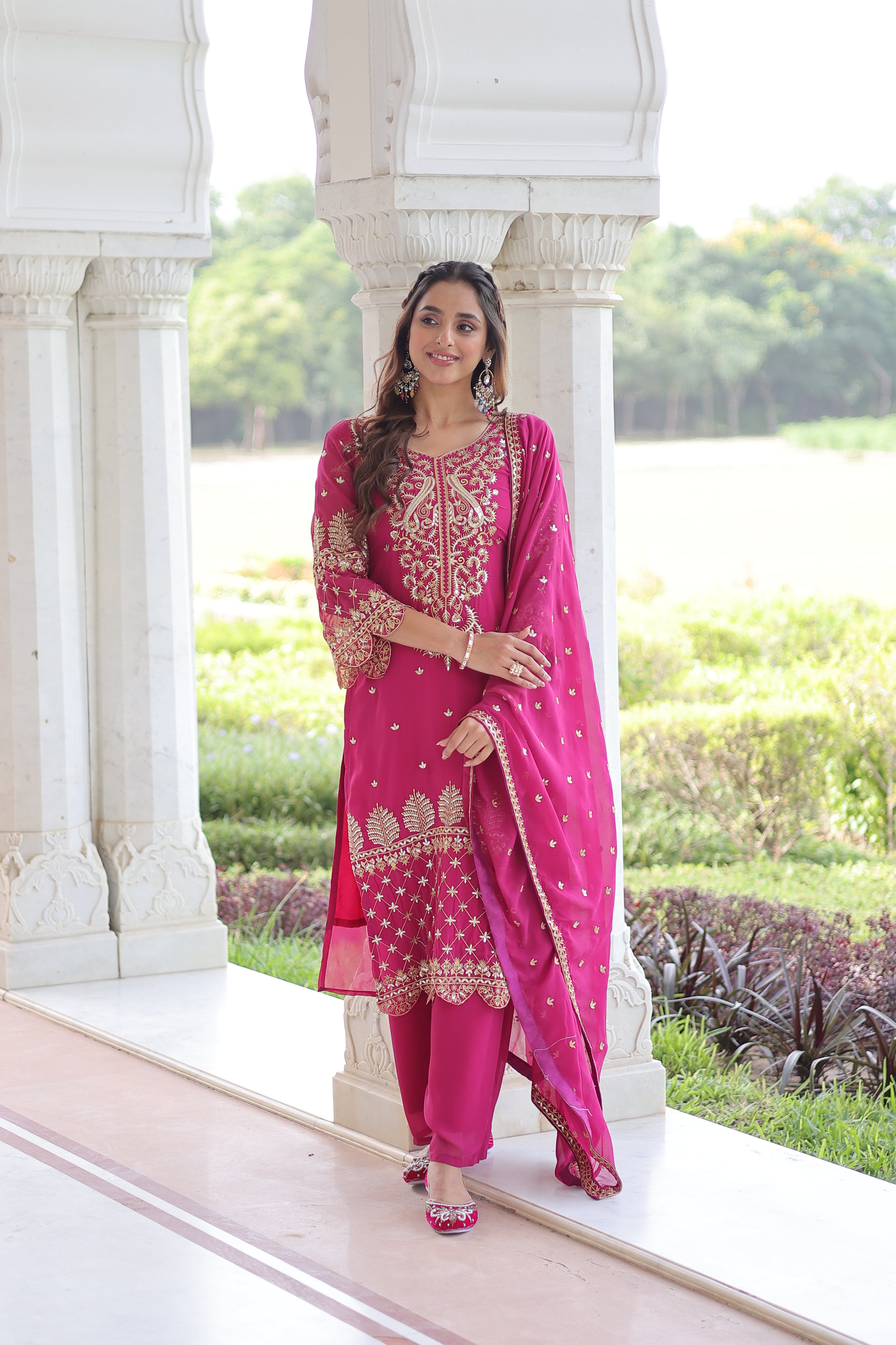 Irya Pink Color Faux Blooming Embroidered Work Kurti Set with Dupatta