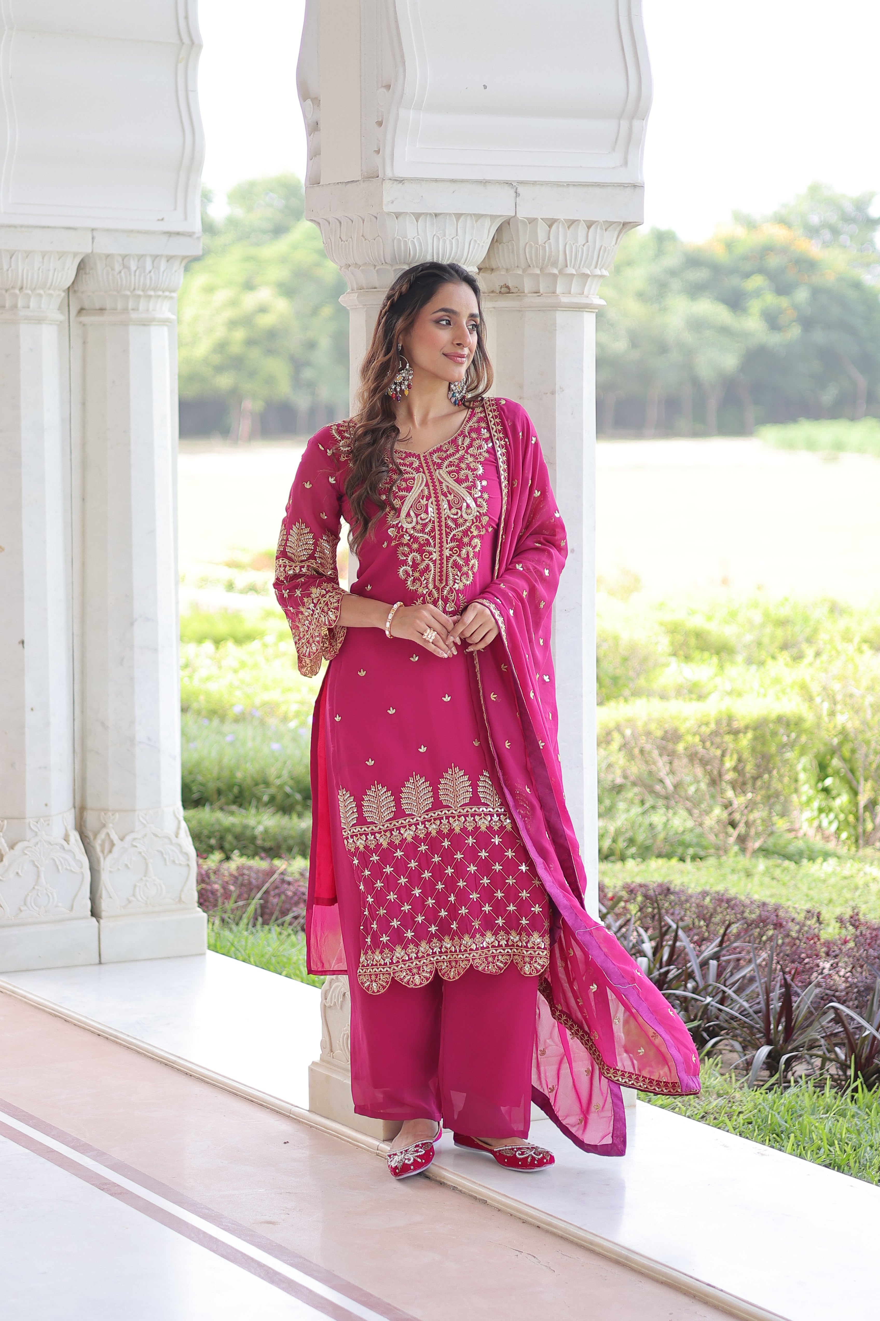 Irya Pink Color Faux Blooming Embroidered Work Kurti Set with Dupatta