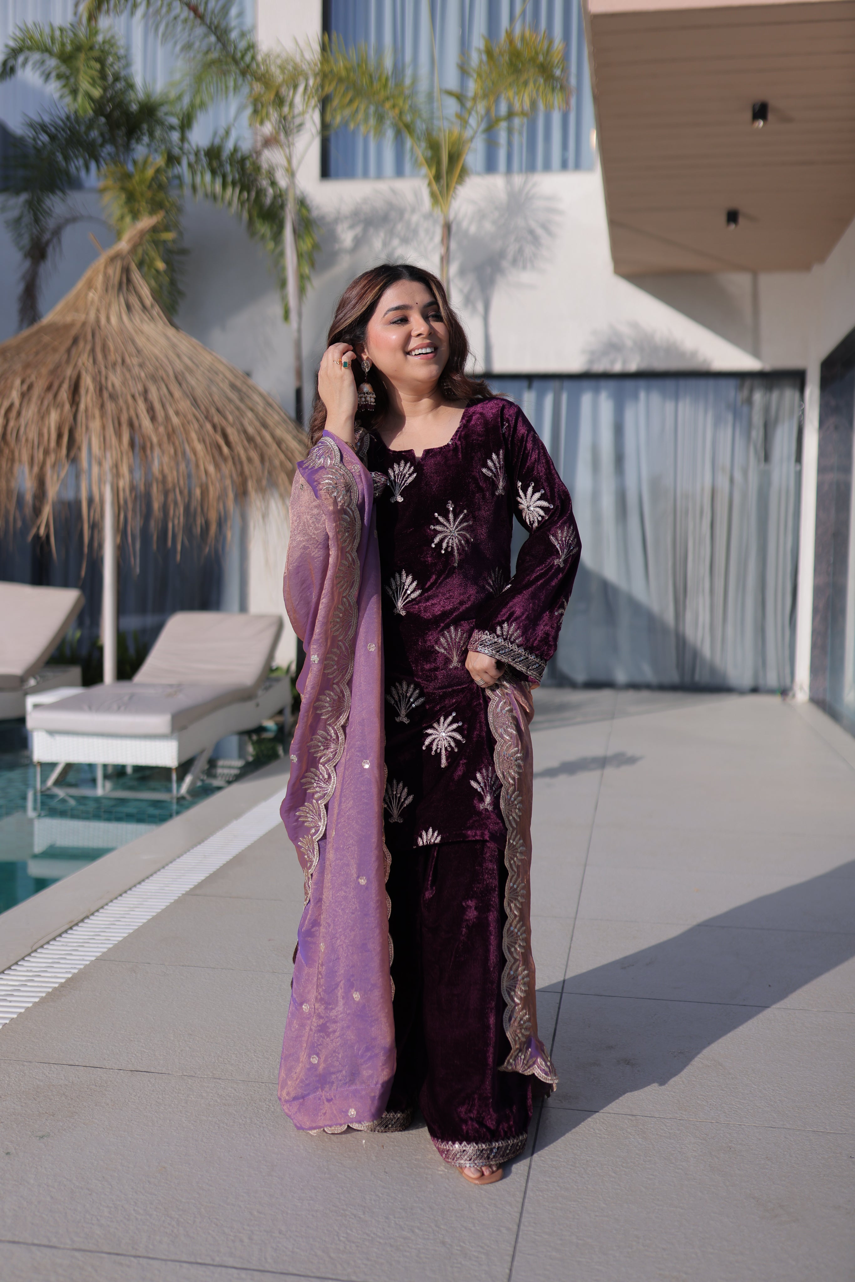 Riyana Purple Color Velvet Zari Embroidered Work Kurti Palazzo Set