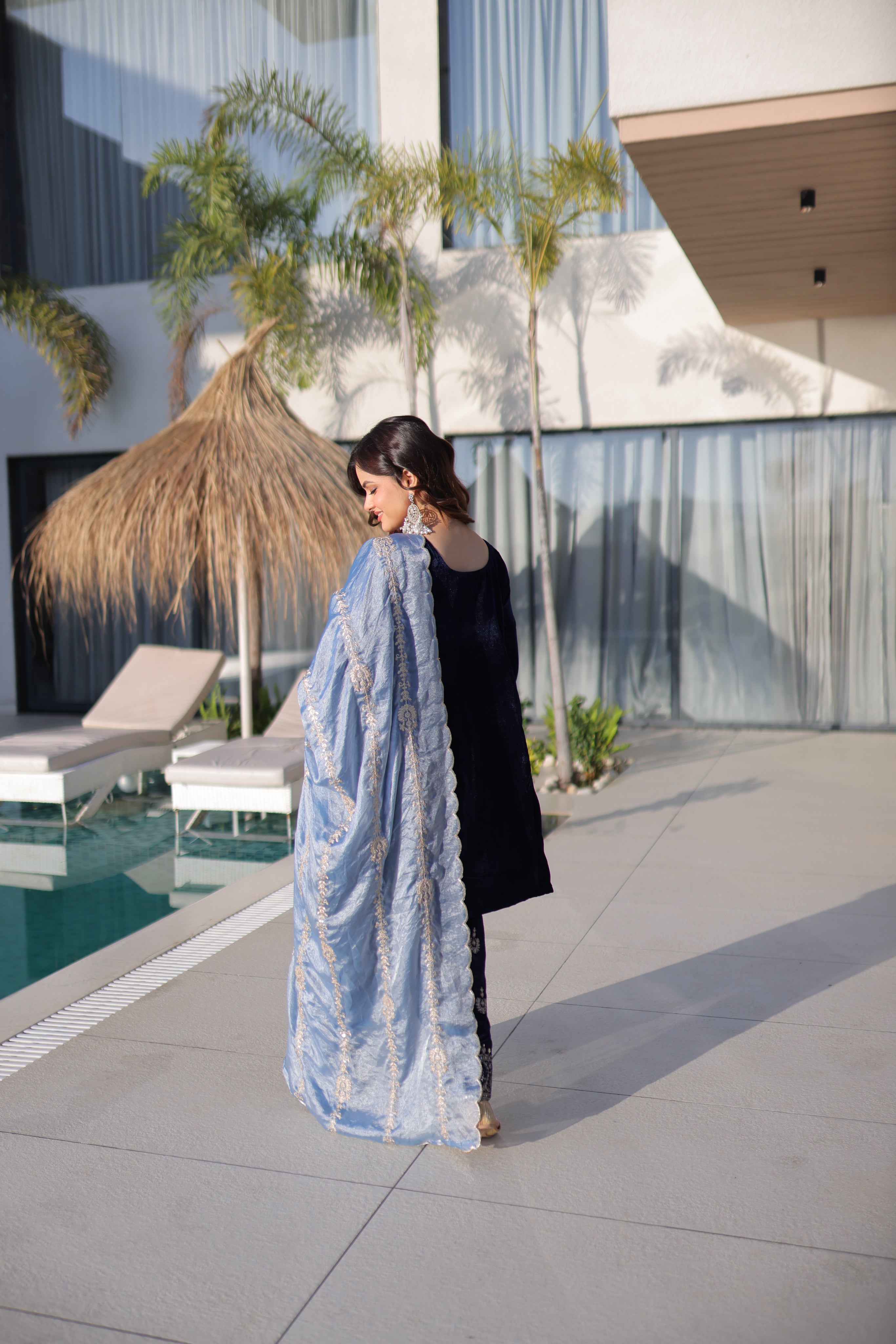 Roshni Navy Blue Color Velvet Rich Zari Embroidered Work Kurti Set