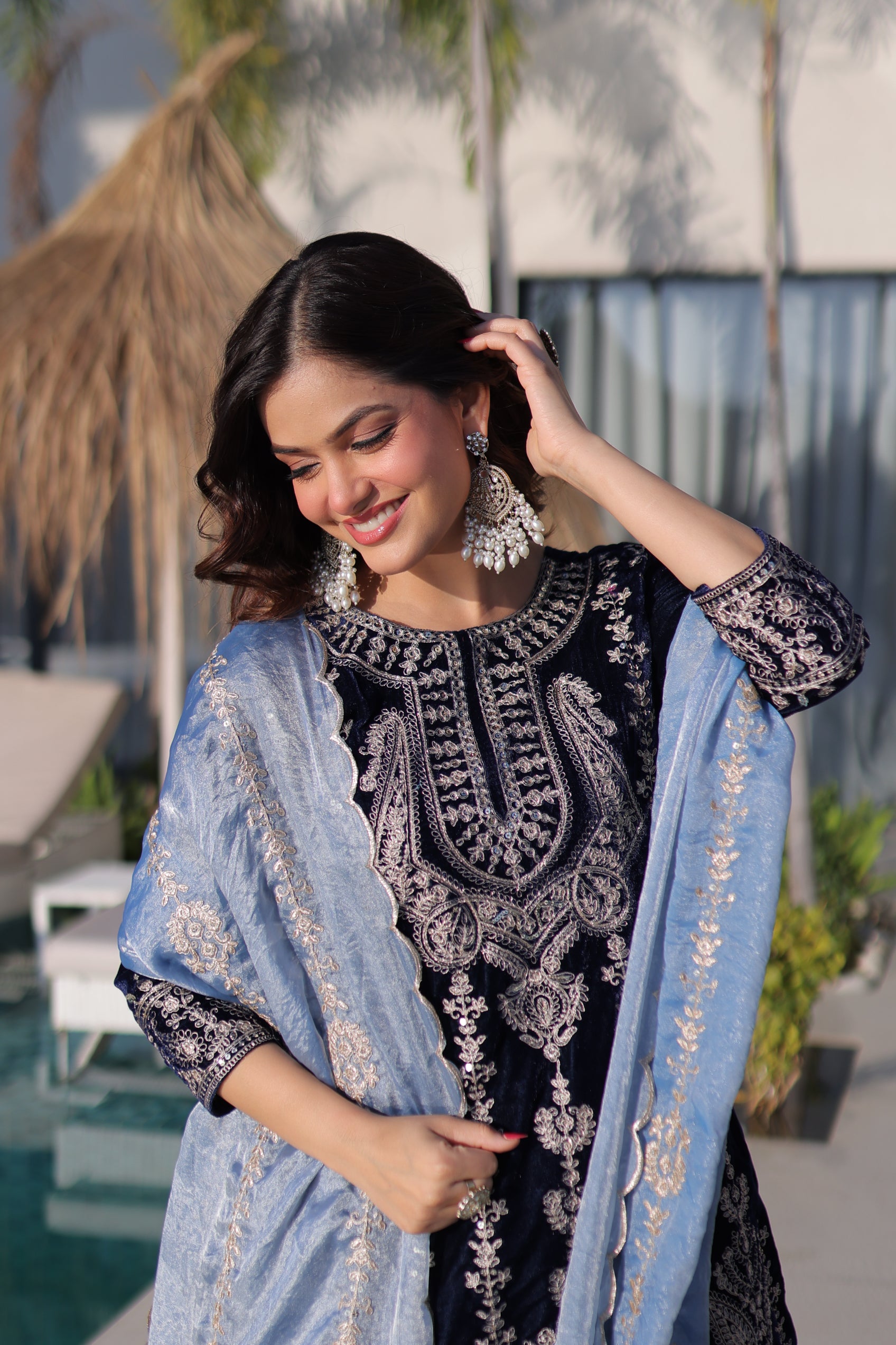 Roshni Navy Blue Color Velvet Rich Zari Embroidered Work Kurti Set