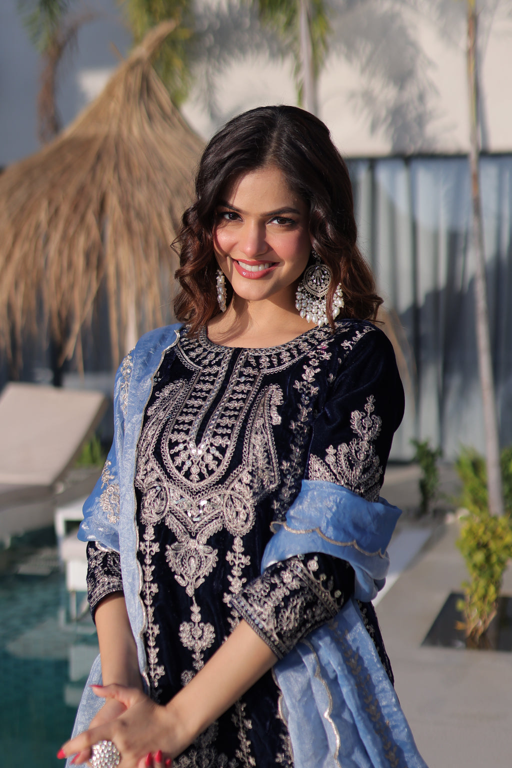 Roshni Navy Blue Color Velvet Rich Zari Embroidered Work Kurti Set