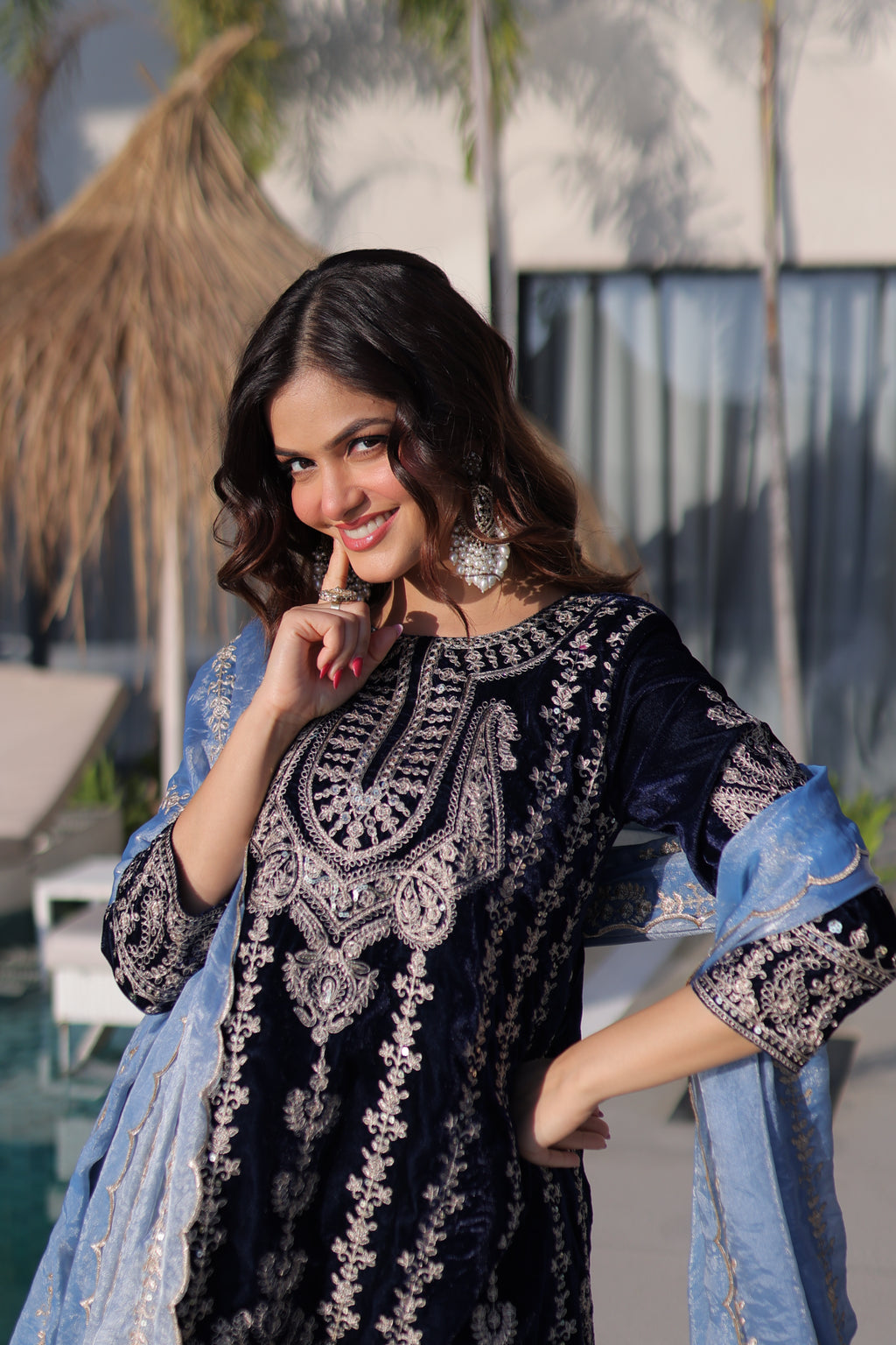 Roshni Navy Blue Color Velvet Rich Zari Embroidered Work Kurti Set