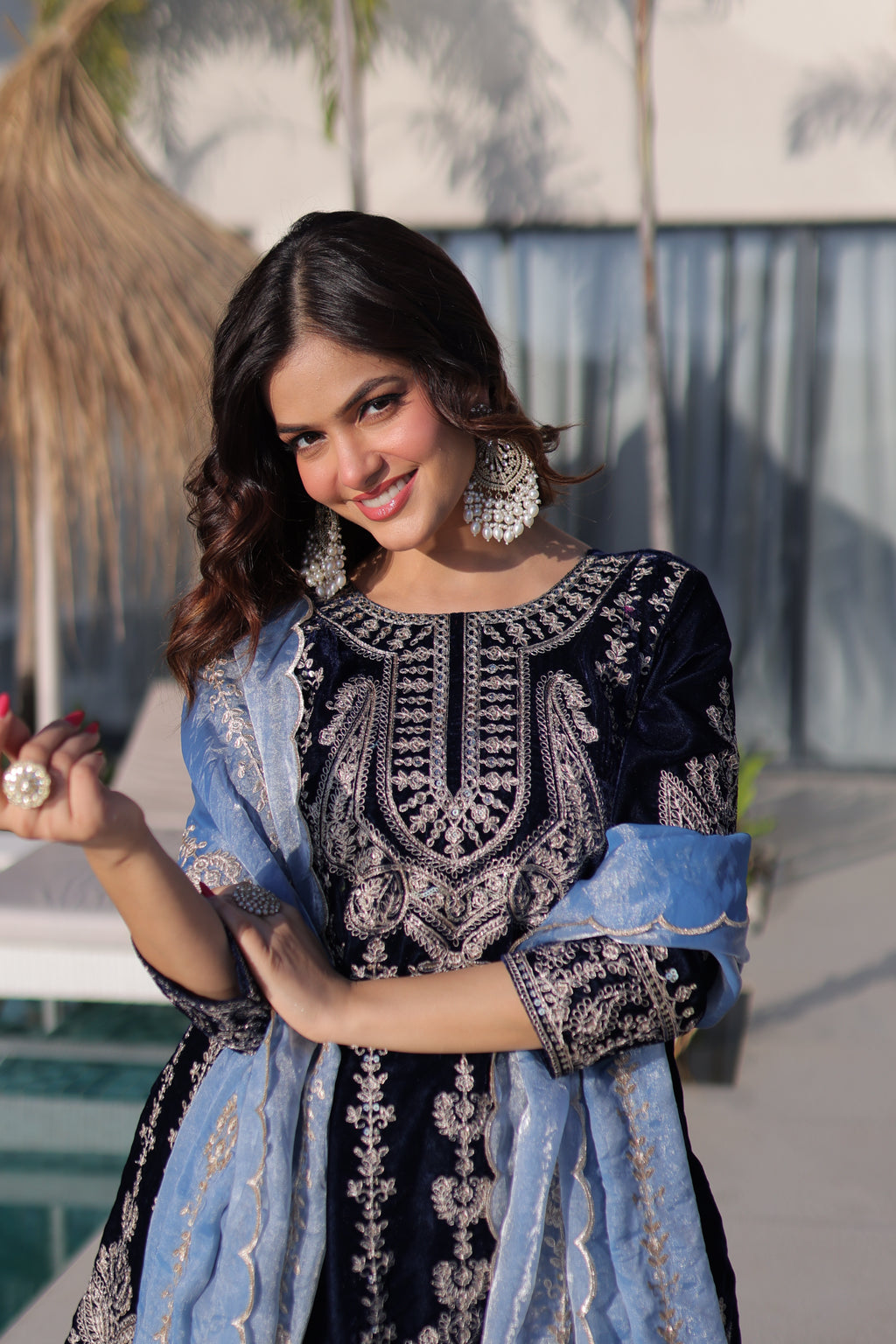 Roshni Navy Blue Color Velvet Rich Zari Embroidered Work Kurti Set
