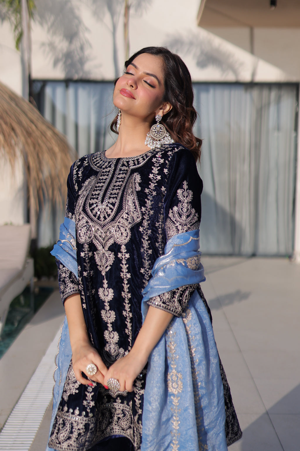 Roshni Navy Blue Color Velvet Rich Zari Embroidered Work Kurti Set