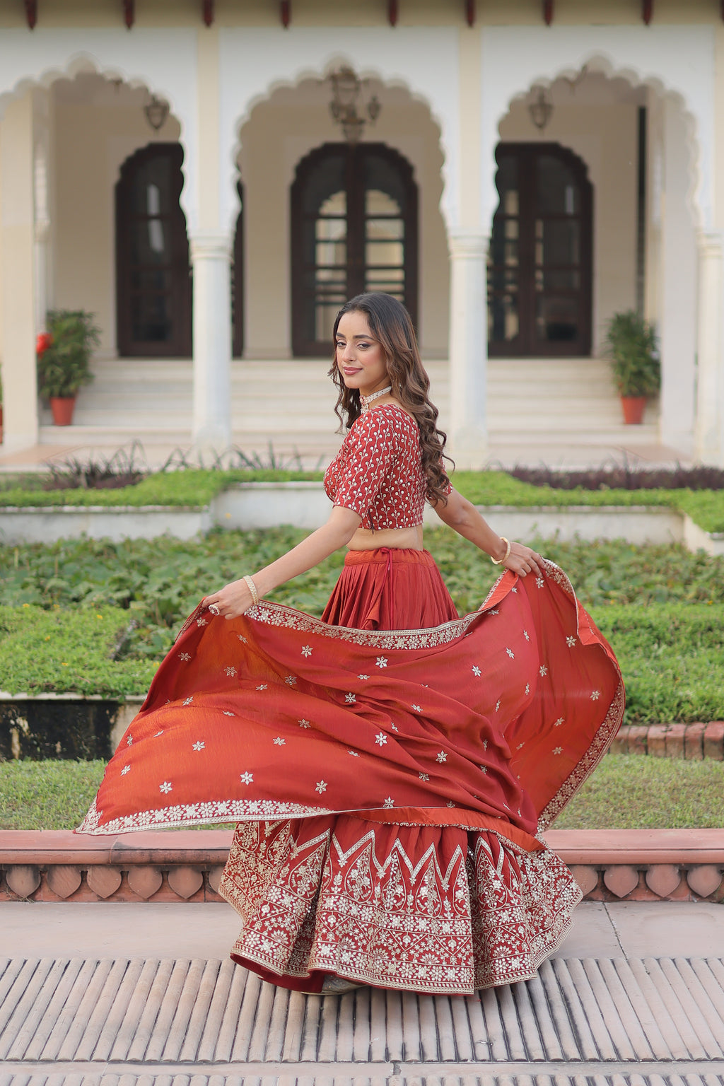 Omira Orange Color Vichitra Silk Sequins Thread Embroidered Lehenga Choli