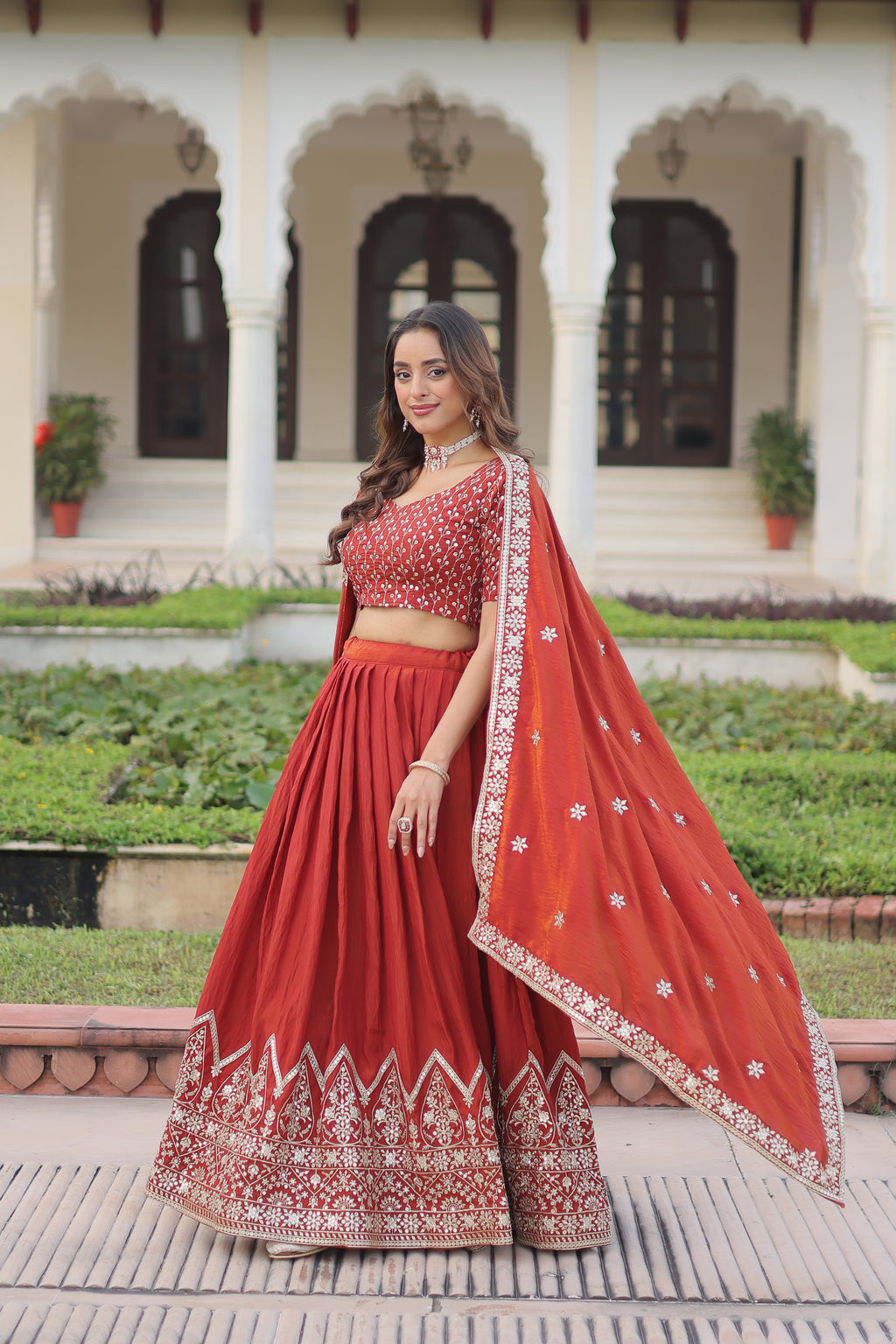 Omira Orange Color Vichitra Silk Sequins Thread Embroidered Lehenga Choli