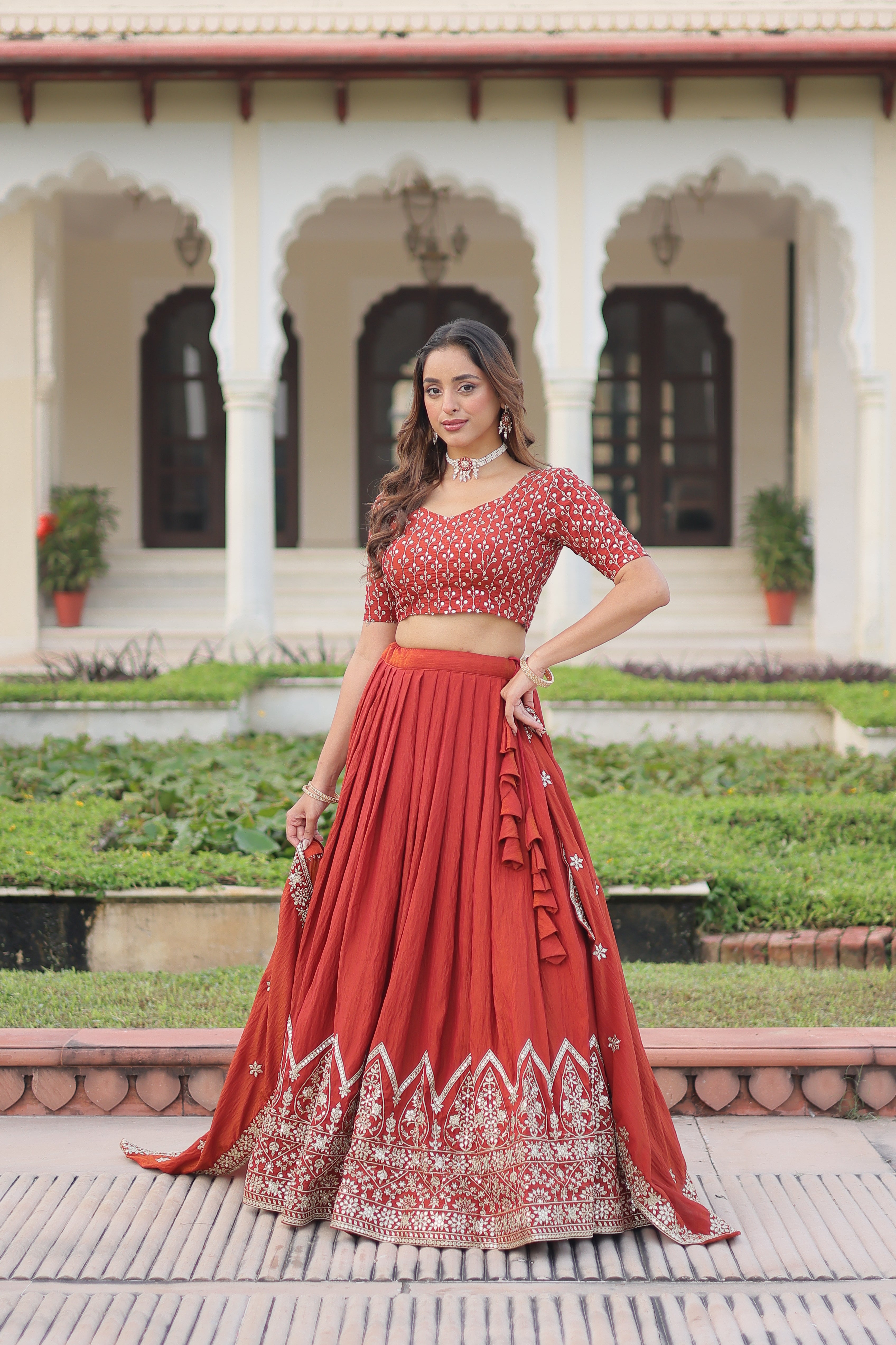 Omira Orange Color Vichitra Silk Sequins Thread Embroidered Lehenga Choli