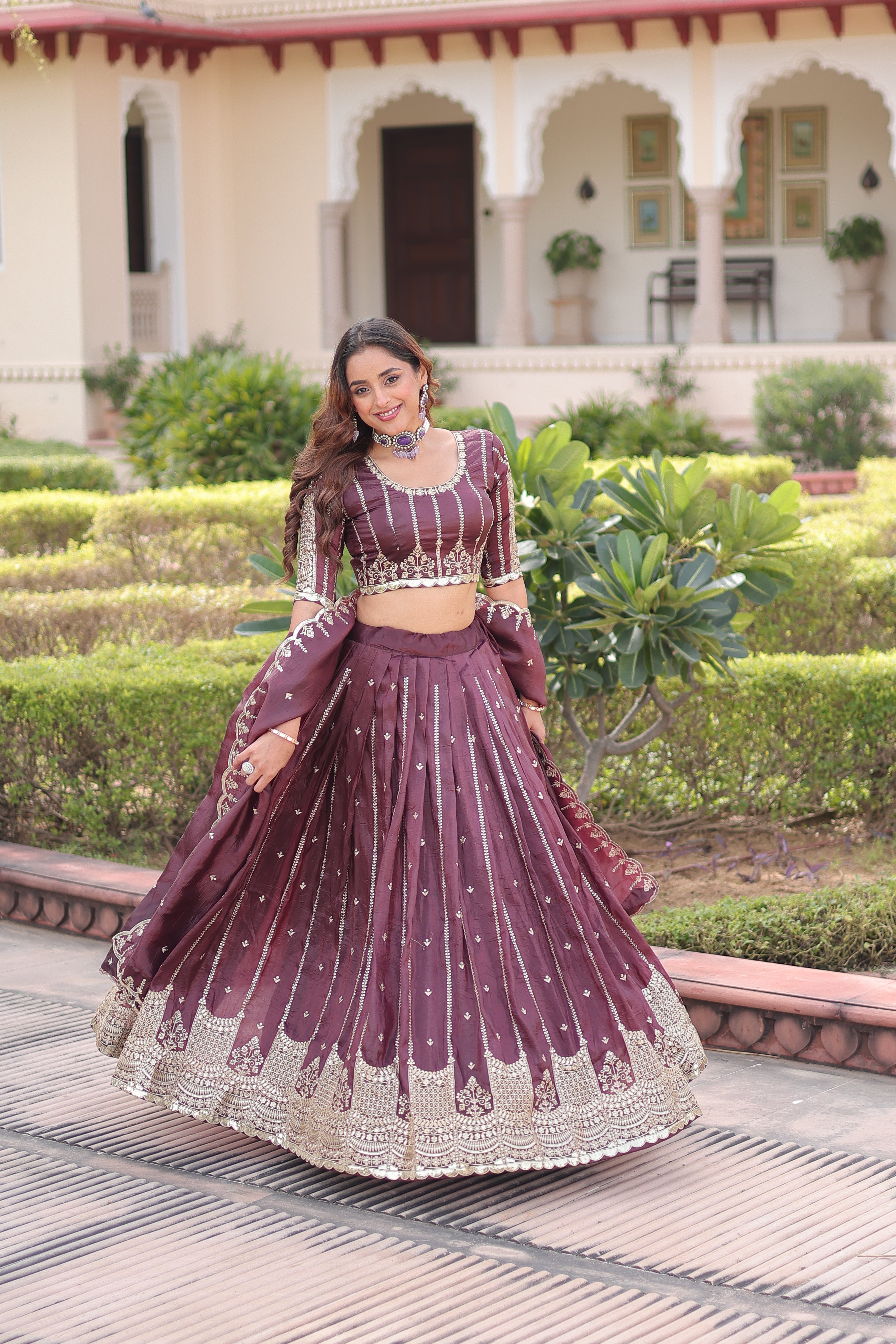 Vireen Brown Color Gold Crush Sequins Zari Embroidered Work Lehenga Choli