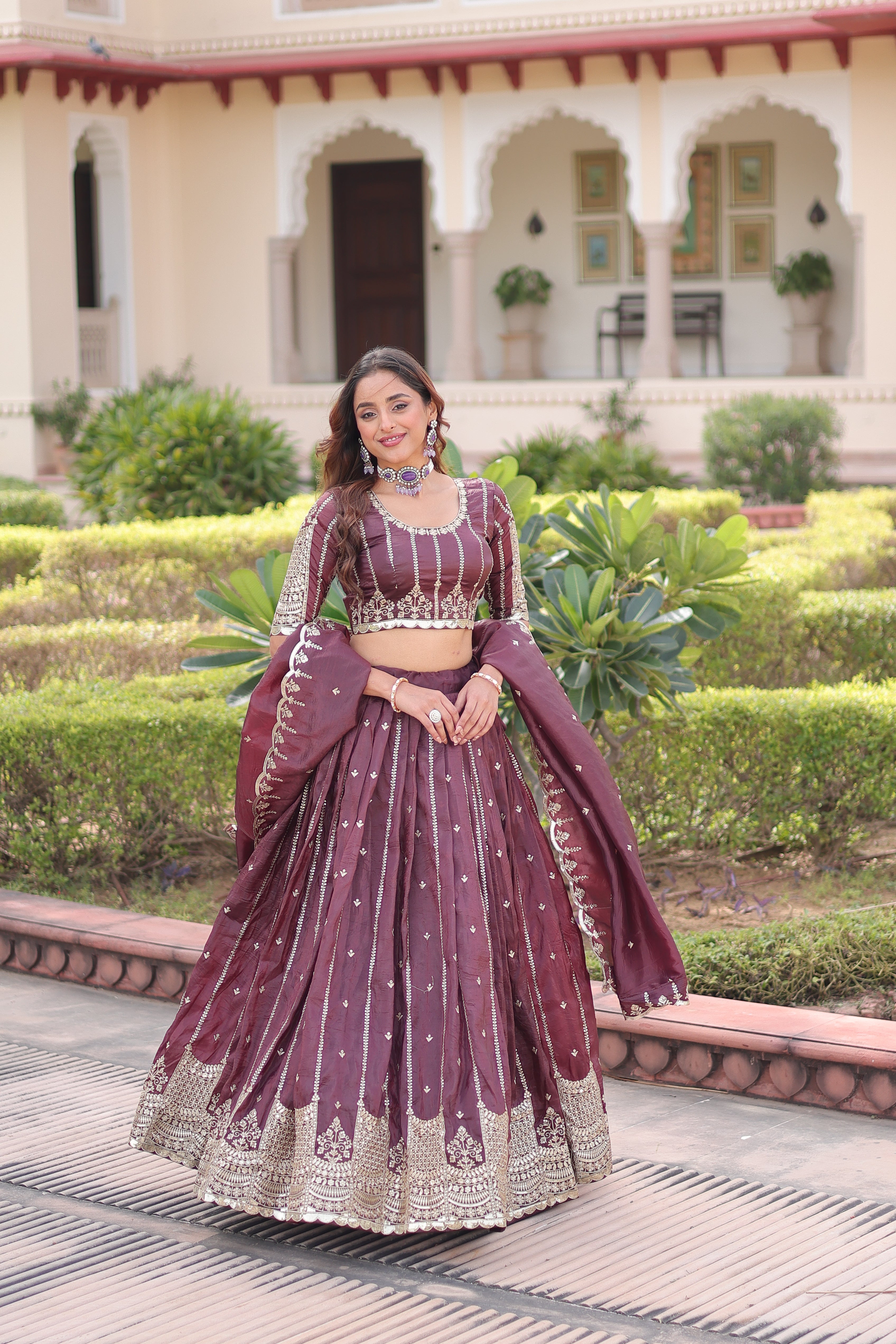 Vireen Brown Color Gold Crush Sequins Zari Embroidered Work Lehenga Choli