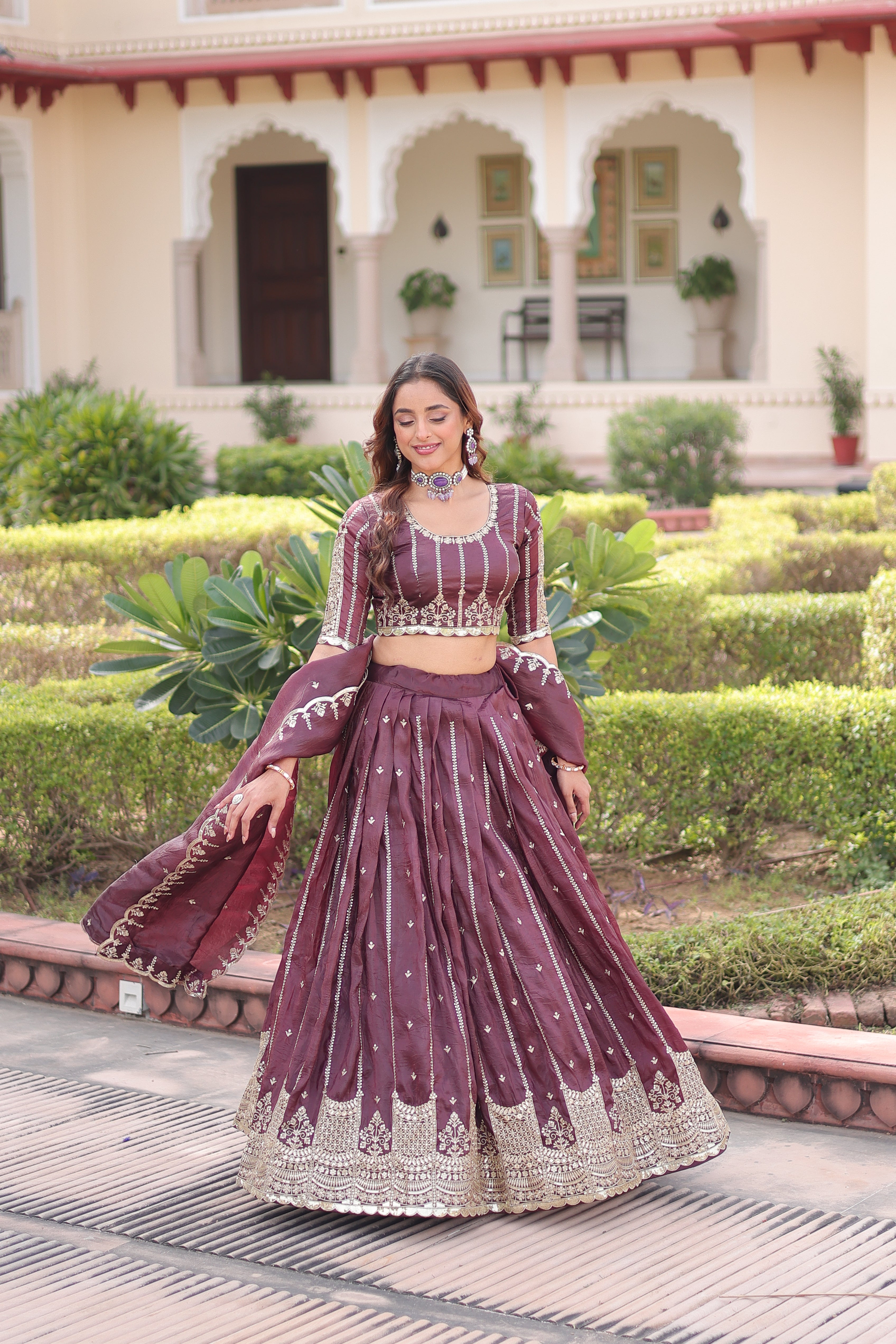 Vireen Brown Color Gold Crush Sequins Zari Embroidered Work Lehenga Choli