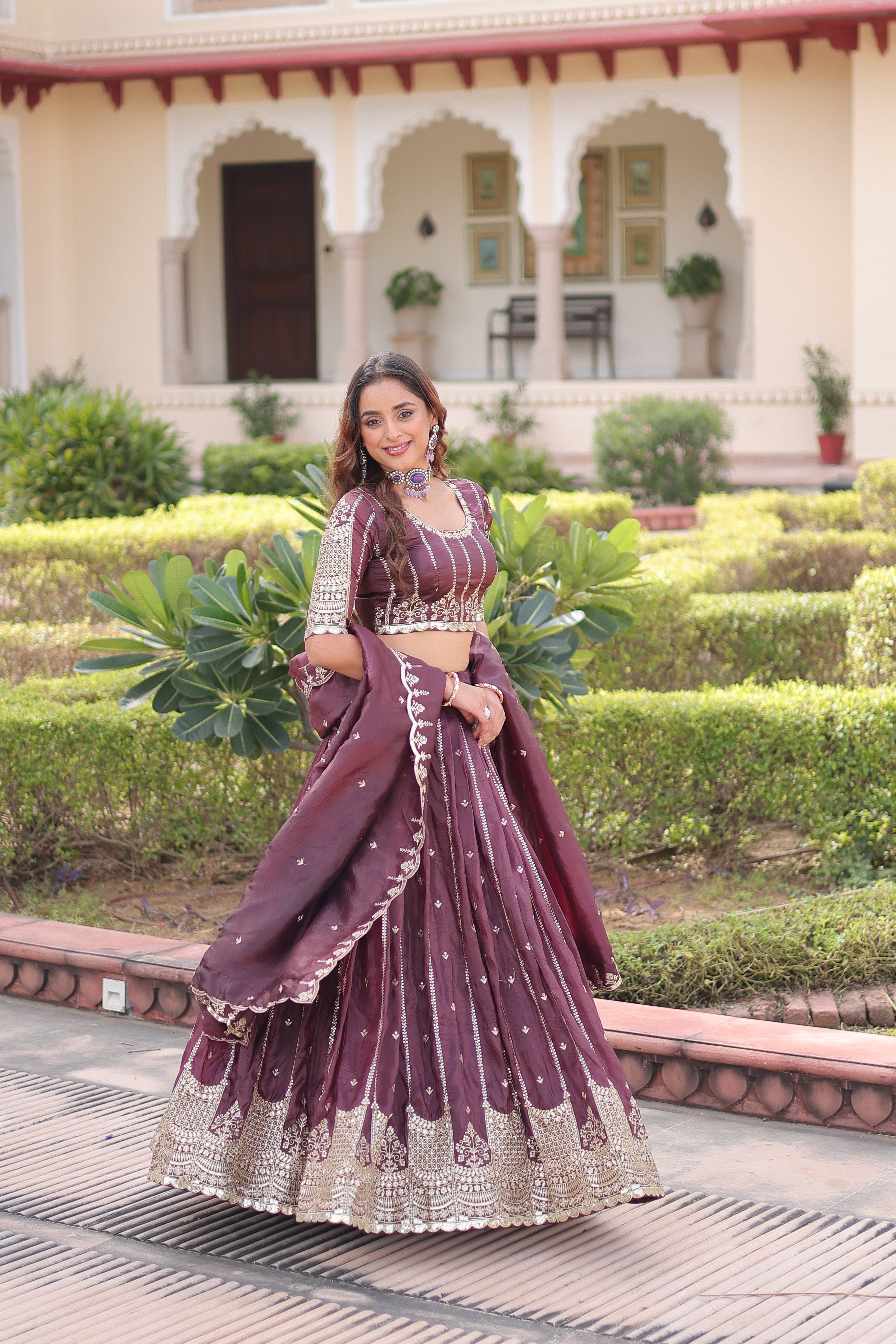 Vireen Brown Color Gold Crush Sequins Zari Embroidered Work Lehenga Choli