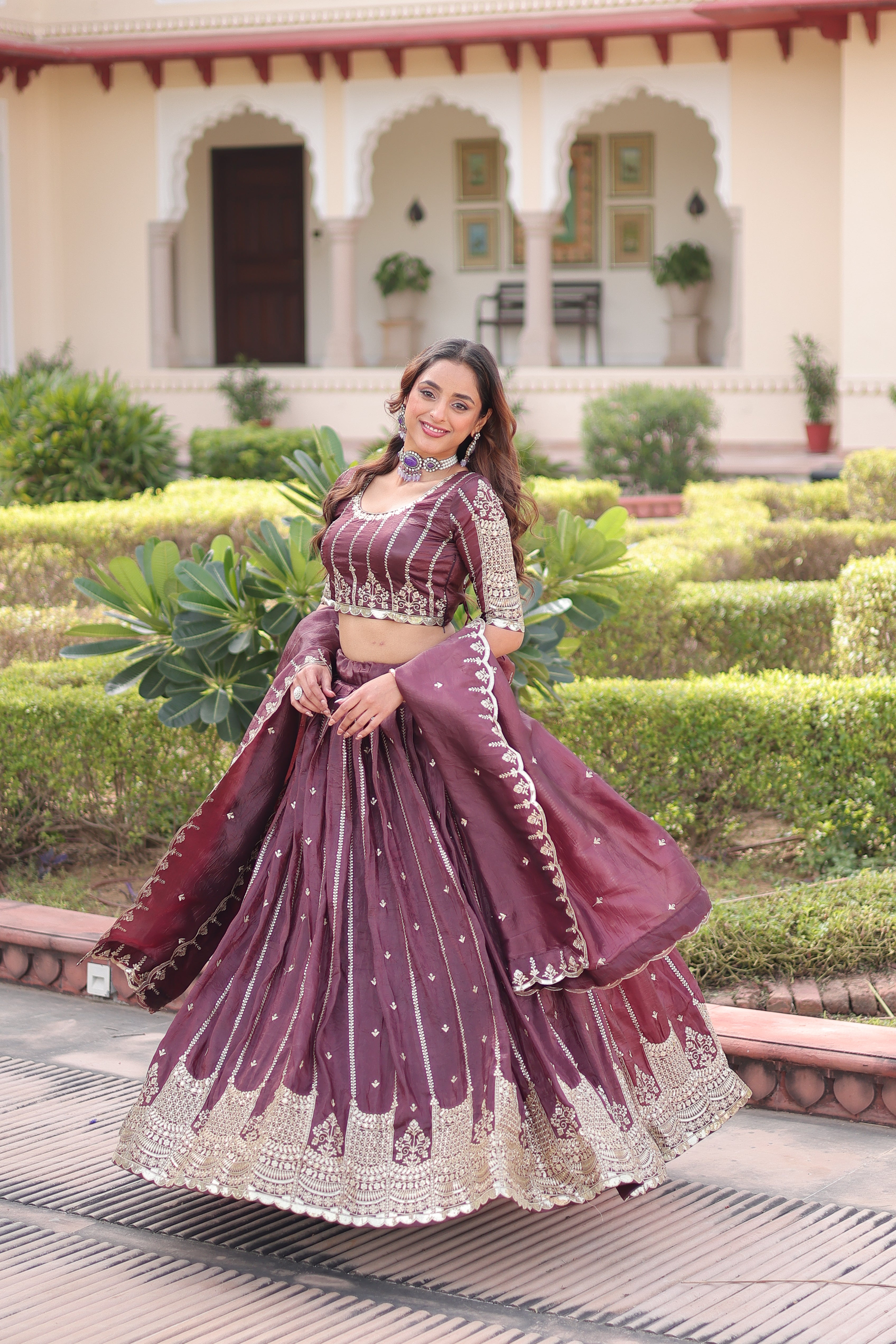 Vireen Brown Color Gold Crush Sequins Zari Embroidered Work Lehenga Choli