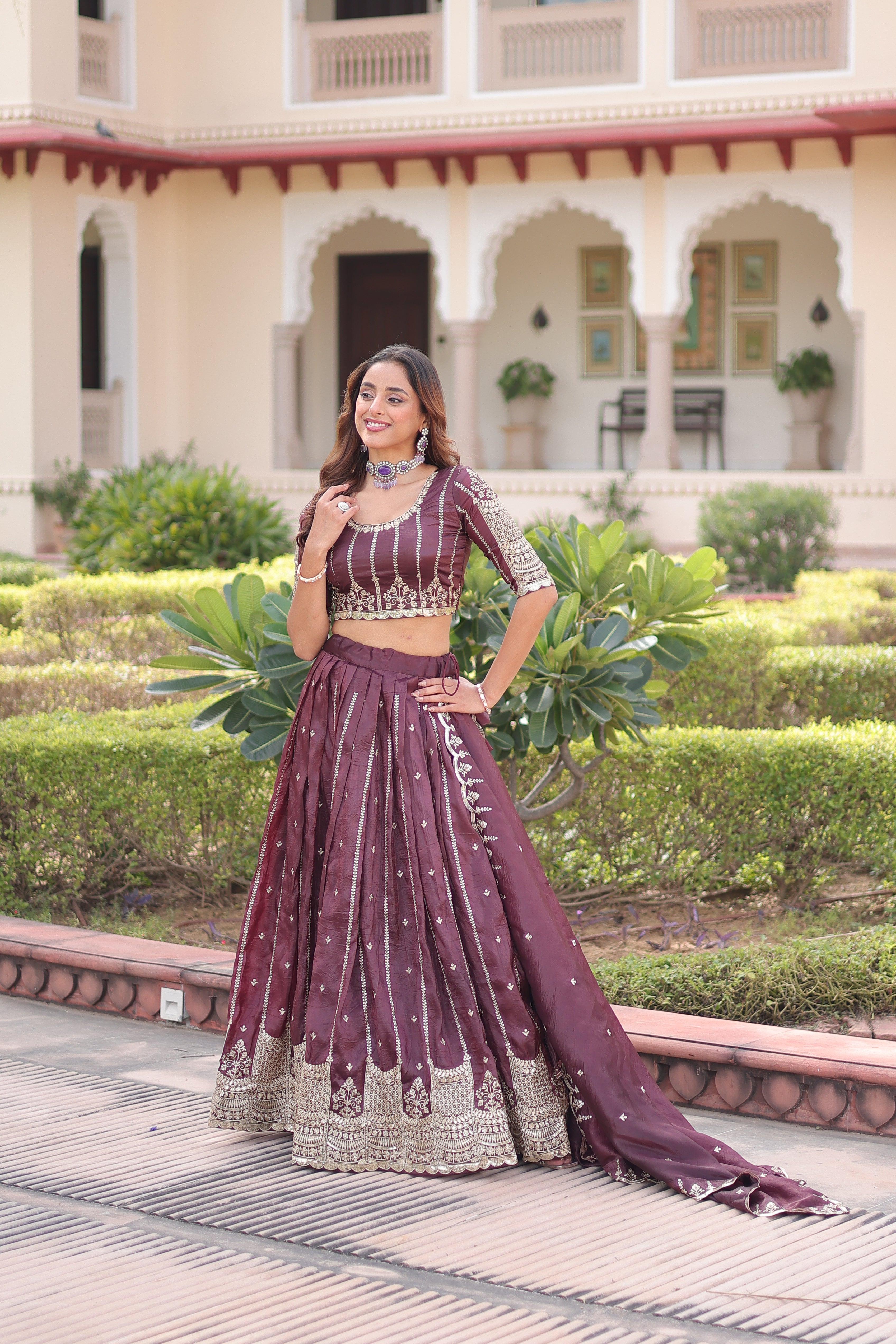 Vireen Brown Color Gold Crush Sequins Zari Embroidered Work Lehenga Choli