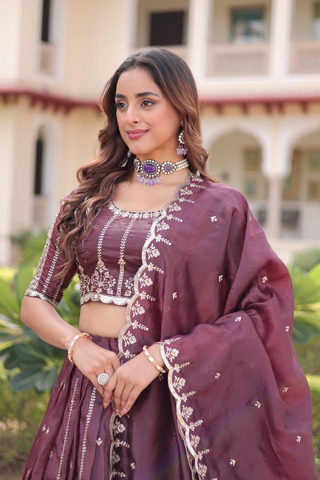 Vireen Brown Color Gold Crush Sequins Zari Embroidered Work Lehenga Choli