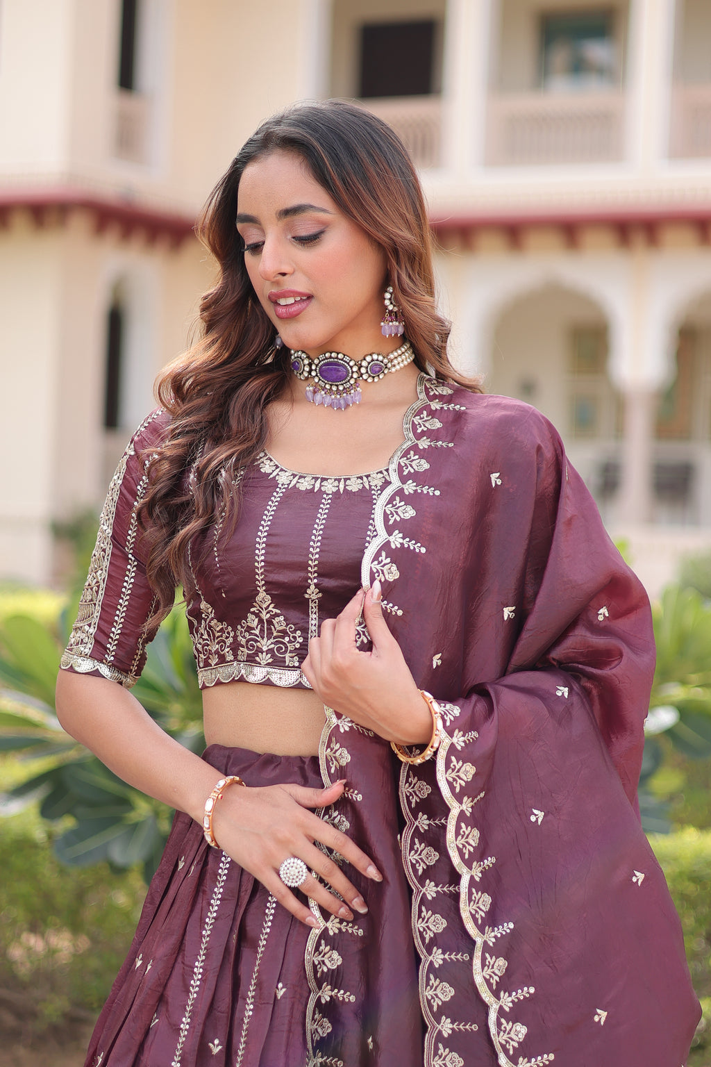 Vireen Brown Color Gold Crush Sequins Zari Embroidered Work Lehenga Choli