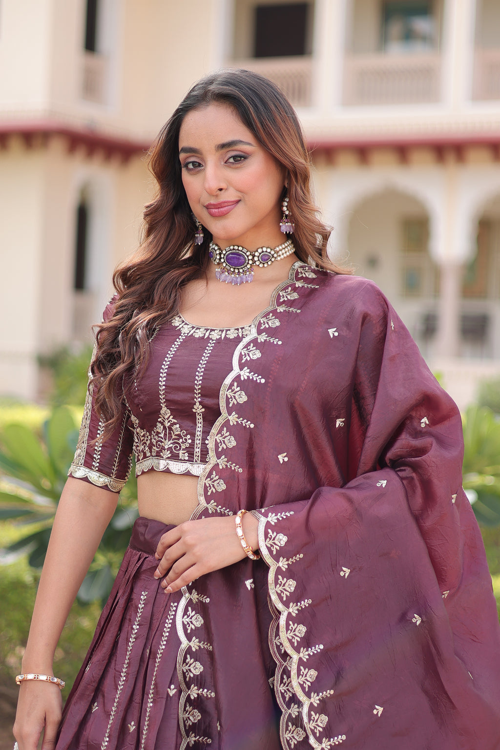 Vireen Brown Color Gold Crush Sequins Zari Embroidered Work Lehenga Choli