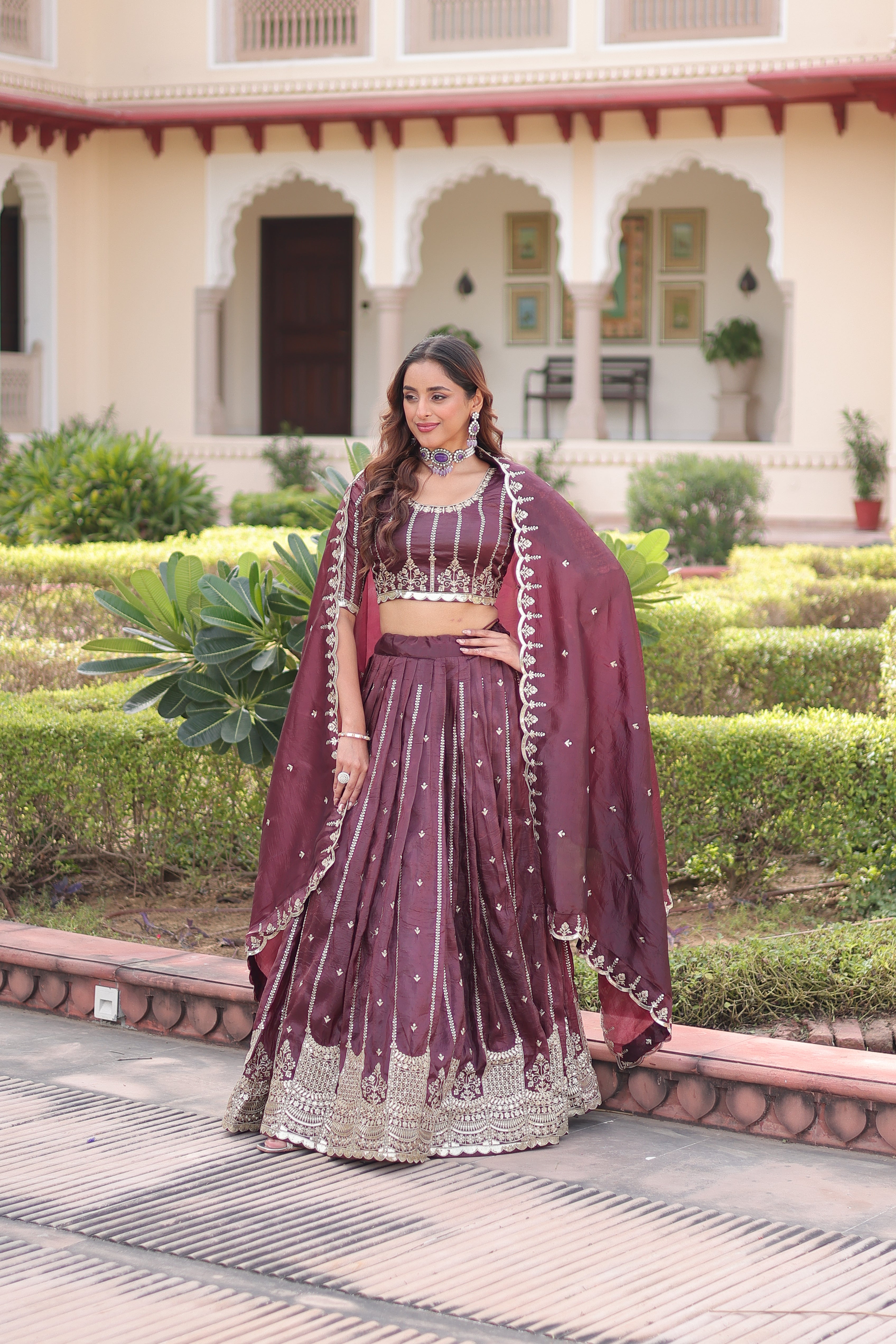 Vireen Brown Color Gold Crush Sequins Zari Embroidered Work Lehenga Choli
