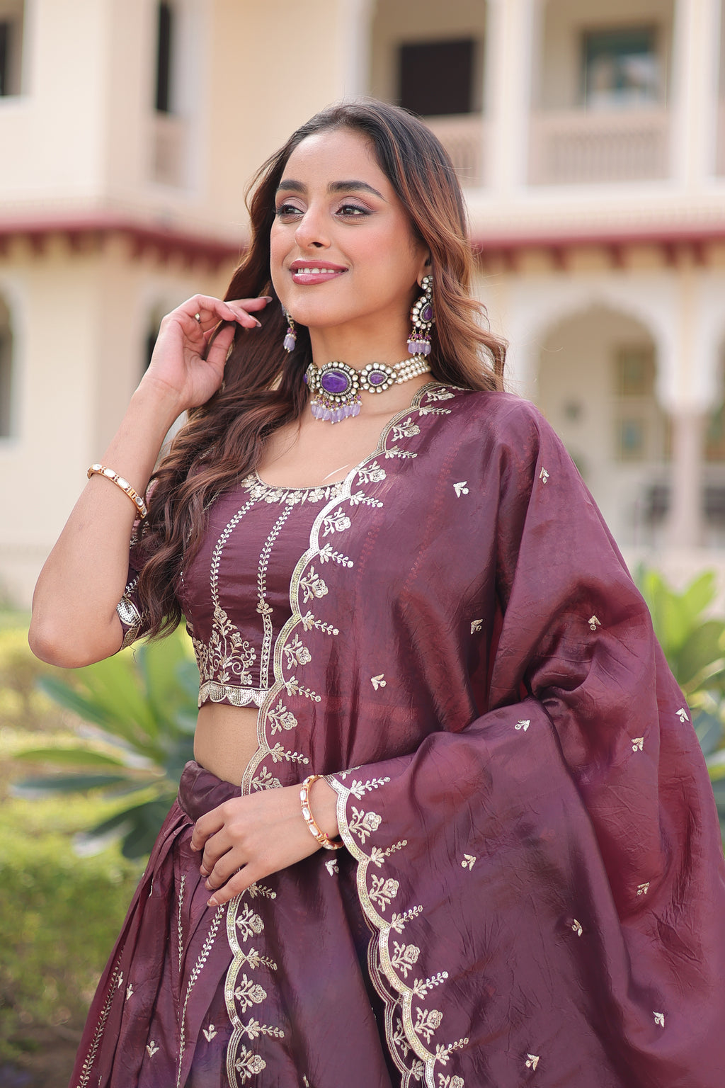 Vireen Brown Color Gold Crush Sequins Zari Embroidered Work Lehenga Choli