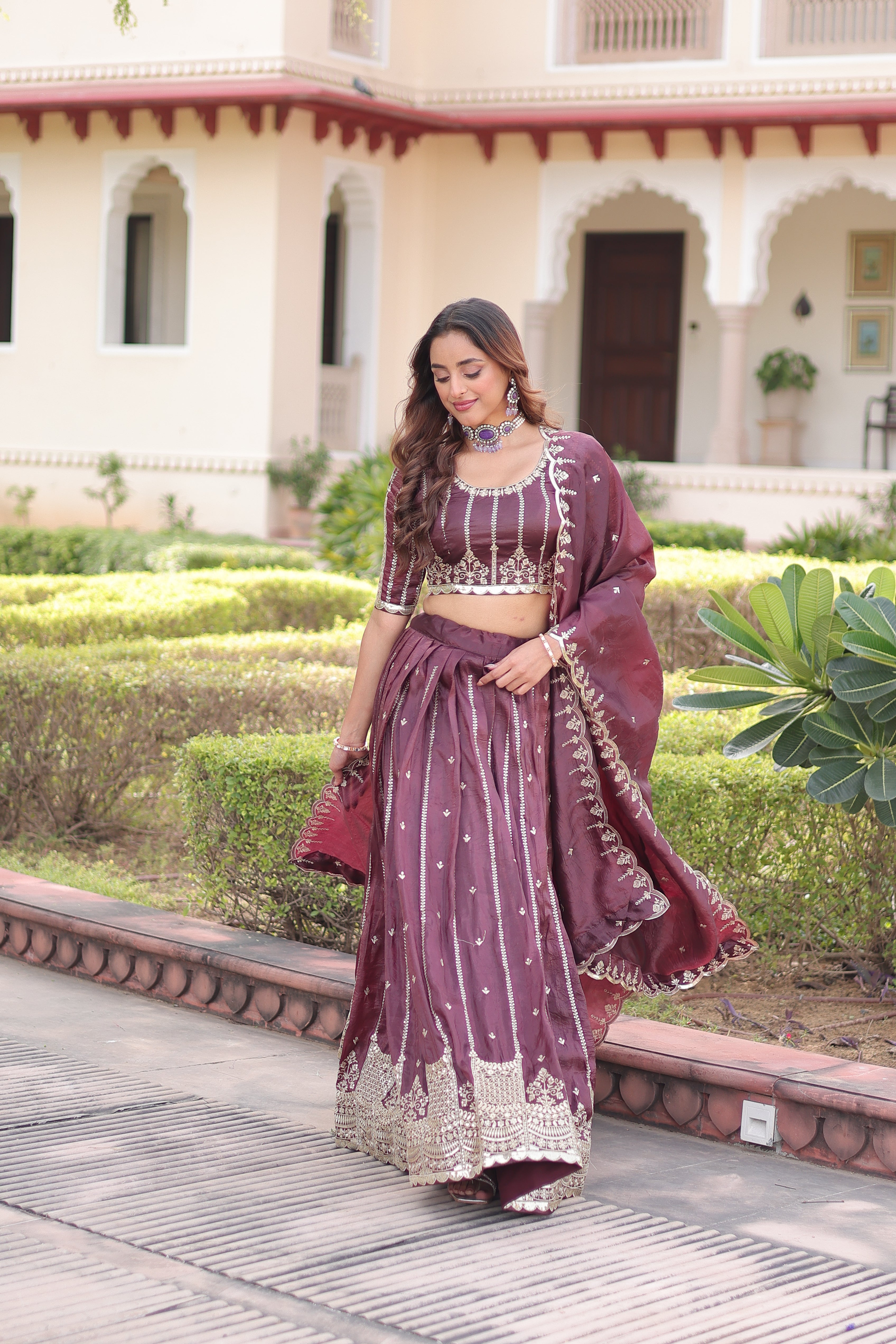 Vireen Brown Color Gold Crush Sequins Zari Embroidered Work Lehenga Choli