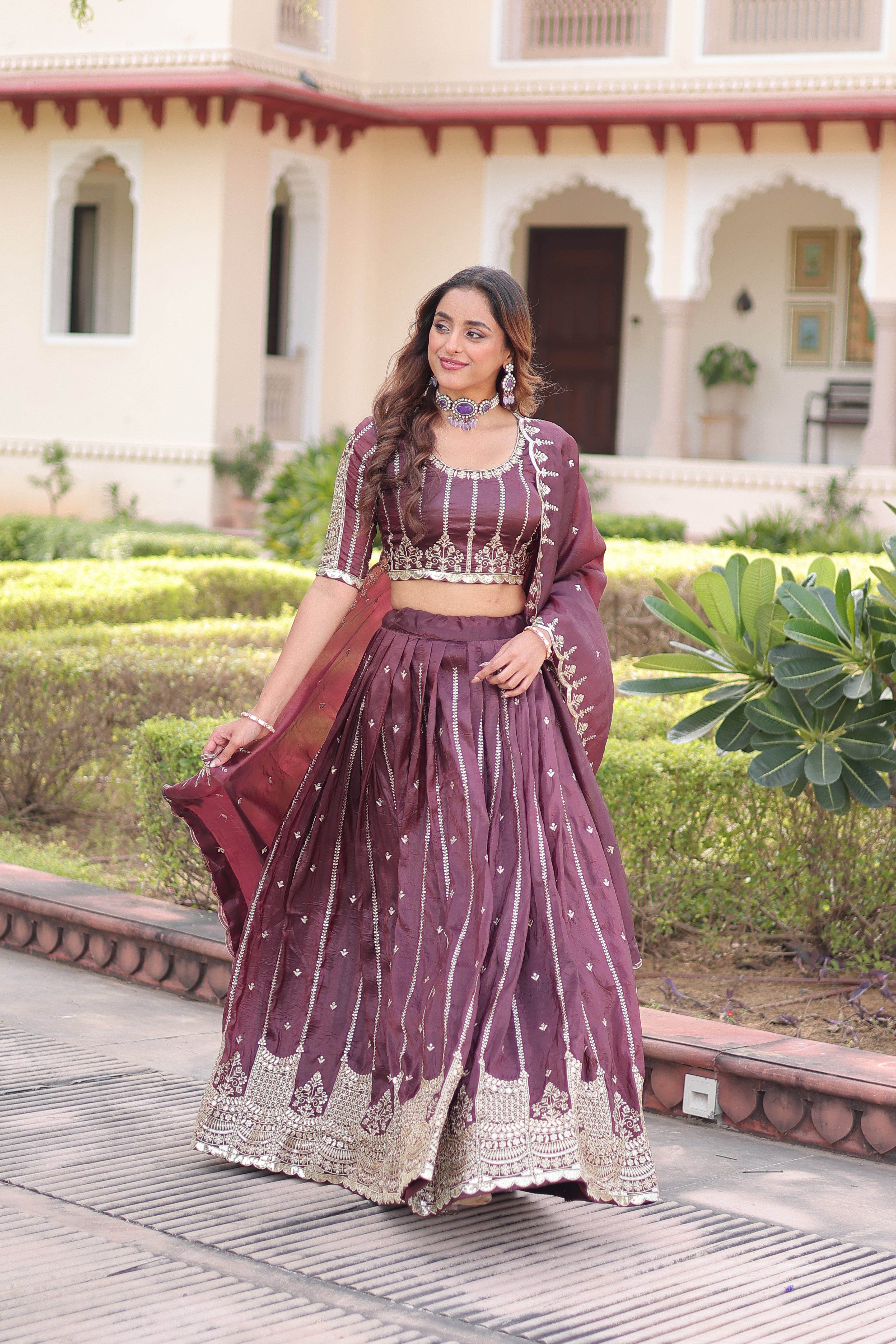 Vireen Brown Color Gold Crush Sequins Zari Embroidered Work Lehenga Choli