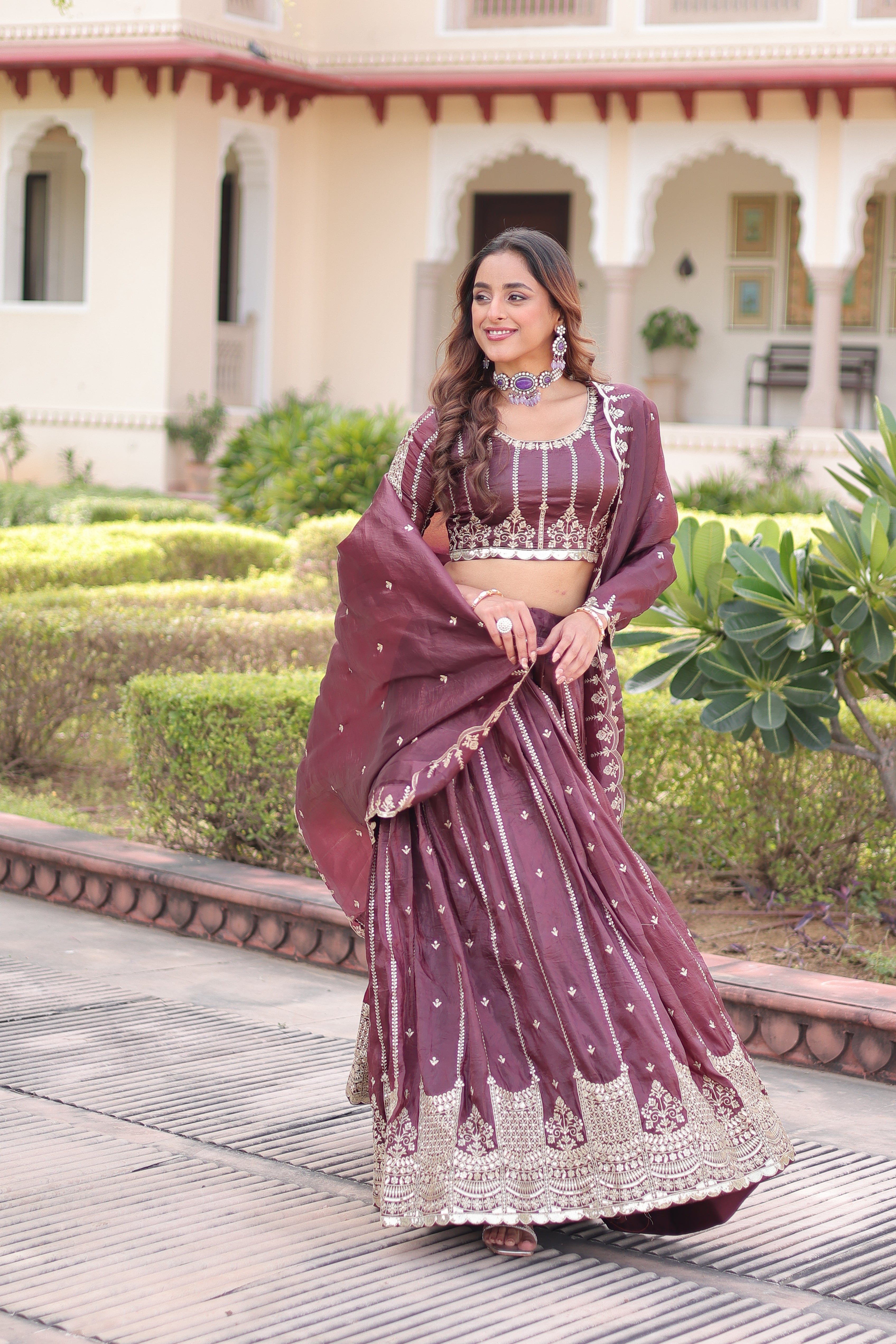 Vireen Brown Color Gold Crush Sequins Zari Embroidered Work Lehenga Choli