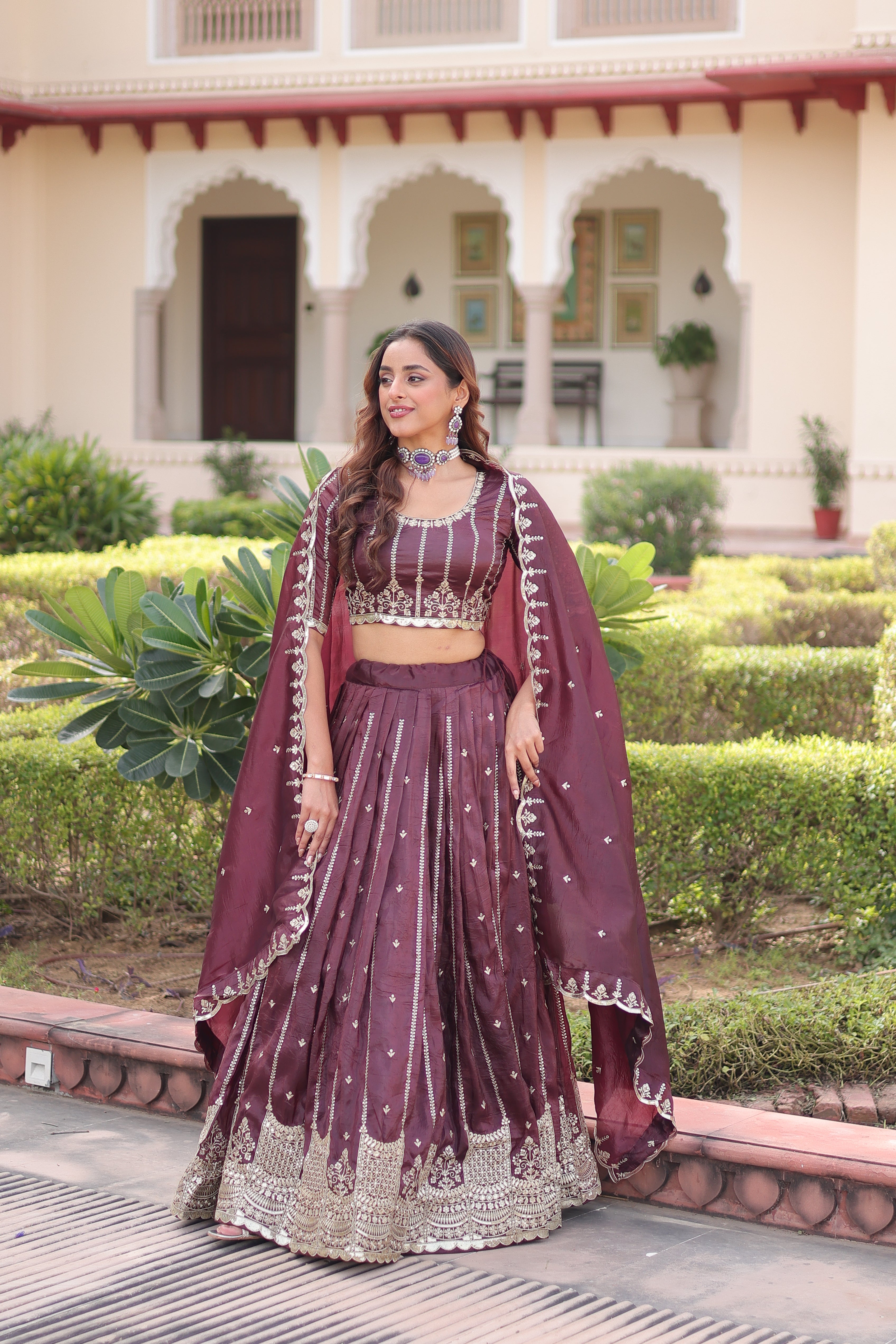 Vireen Brown Color Gold Crush Sequins Zari Embroidered Work Lehenga Choli