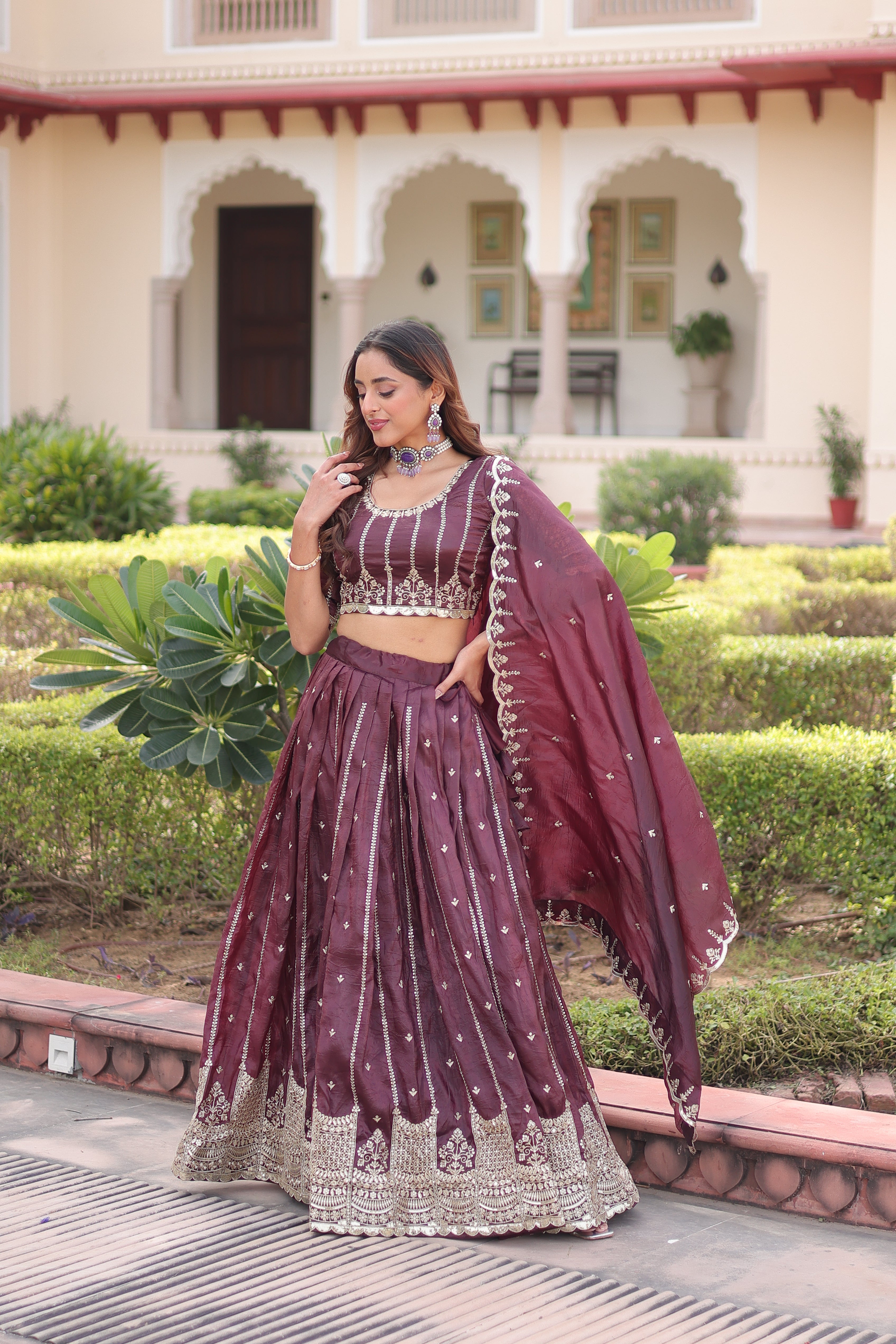 Vireen Brown Color Gold Crush Sequins Zari Embroidered Work Lehenga Choli