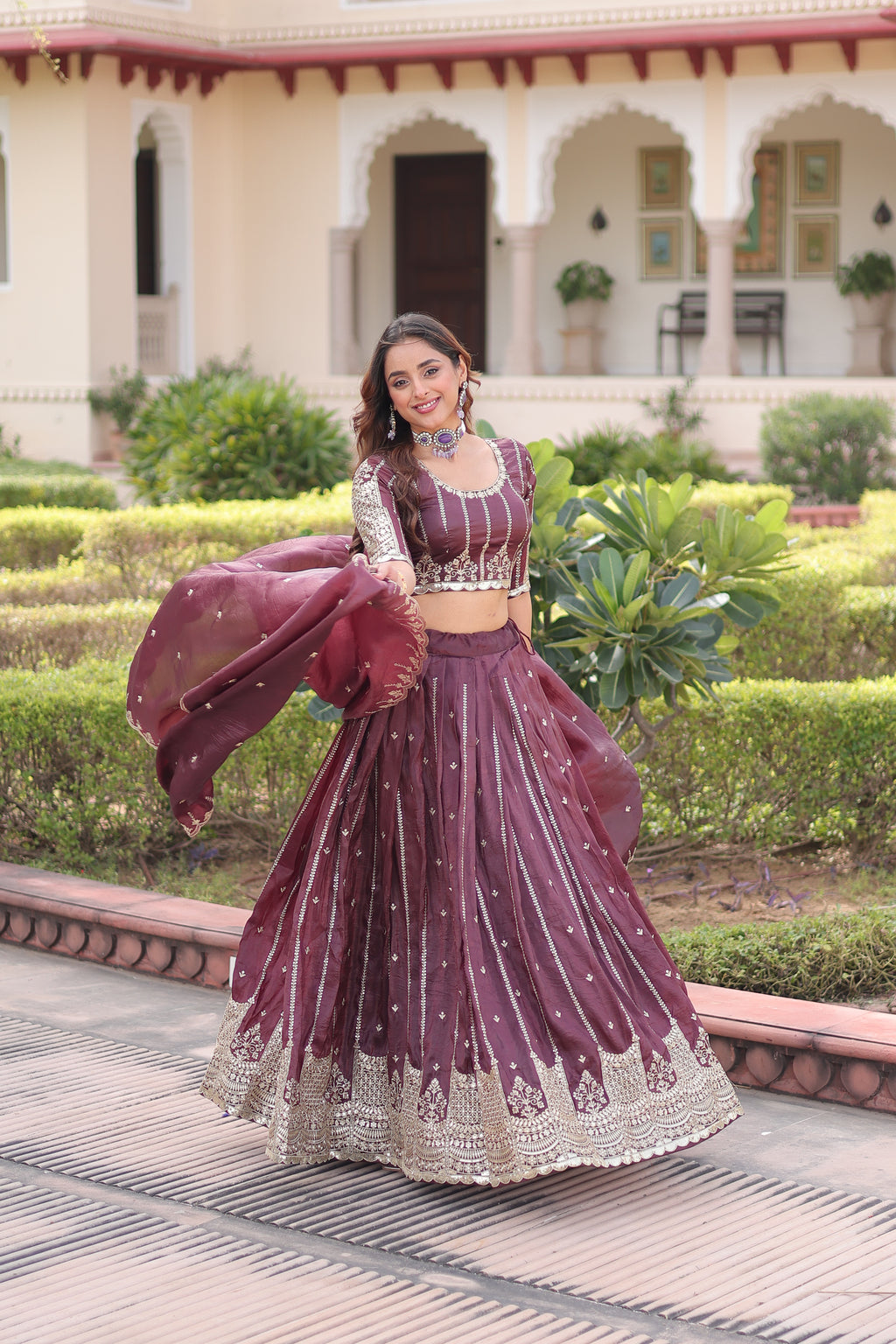 Vireen Brown Color Gold Crush Sequins Zari Embroidered Work Lehenga Choli